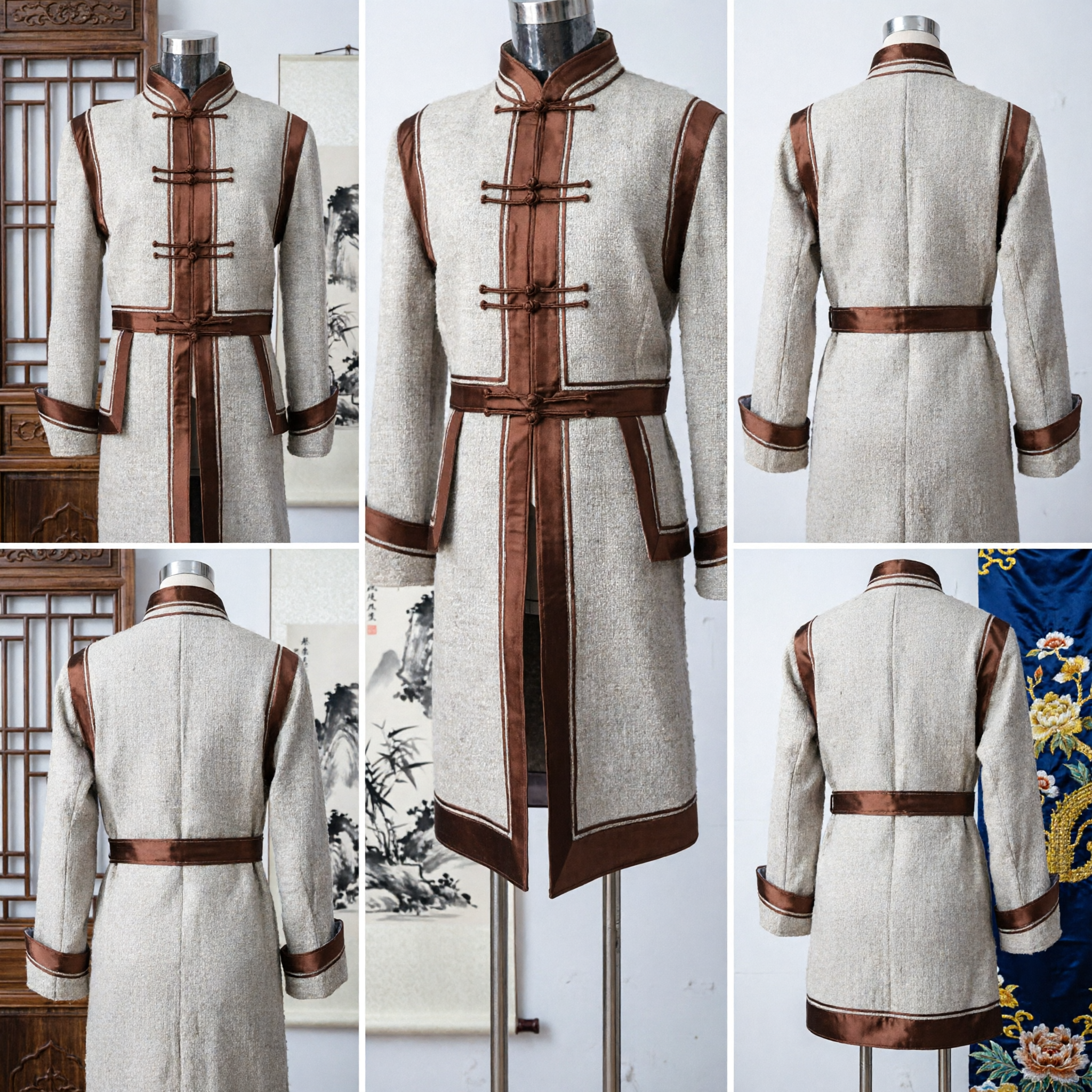 Traditional Chinese Mongolian Robe Beige Kung Fu Costume Men's Ethnic Clothing for Performance and Festivals - Asian Costume