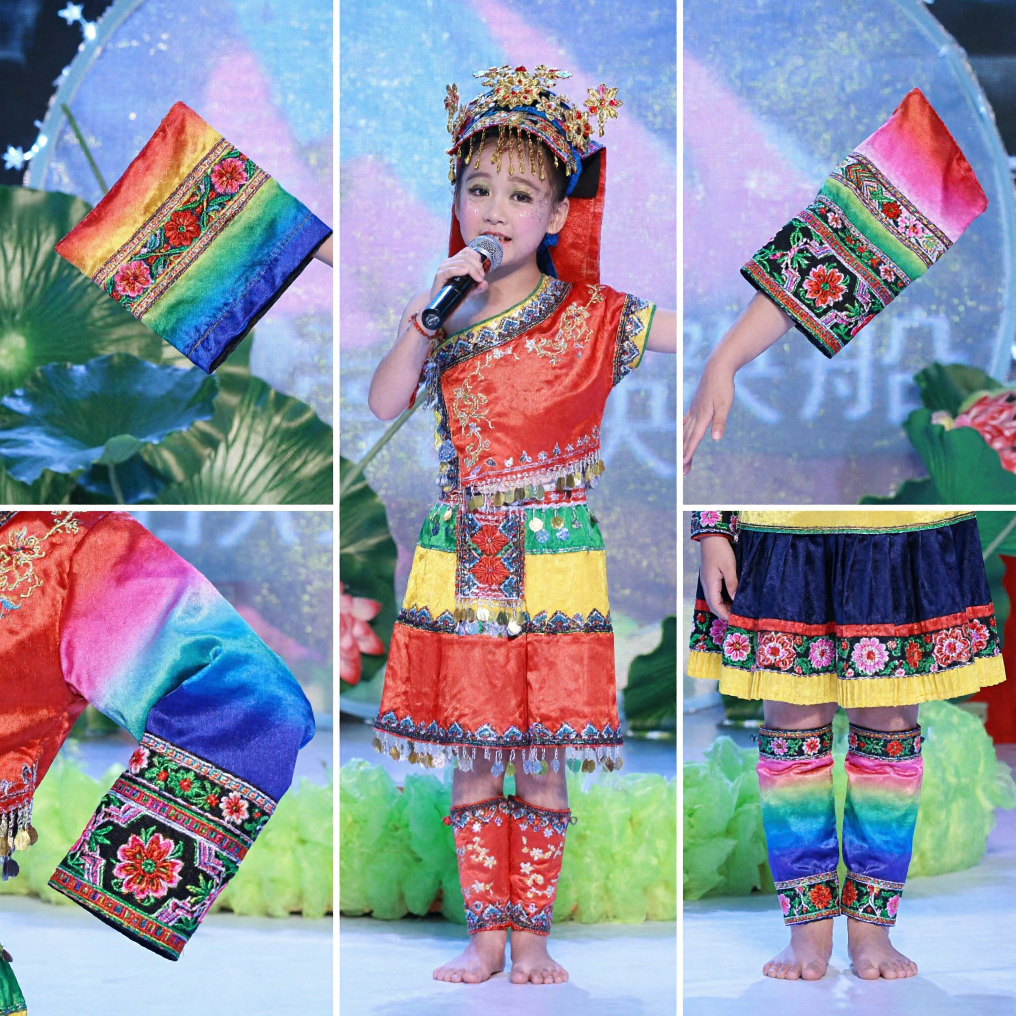 Traditional Chinese Ethnic Minority Dance Costume for Girls Kids Folk Performance Dress Cultural Stage Outfit - Asian Costume