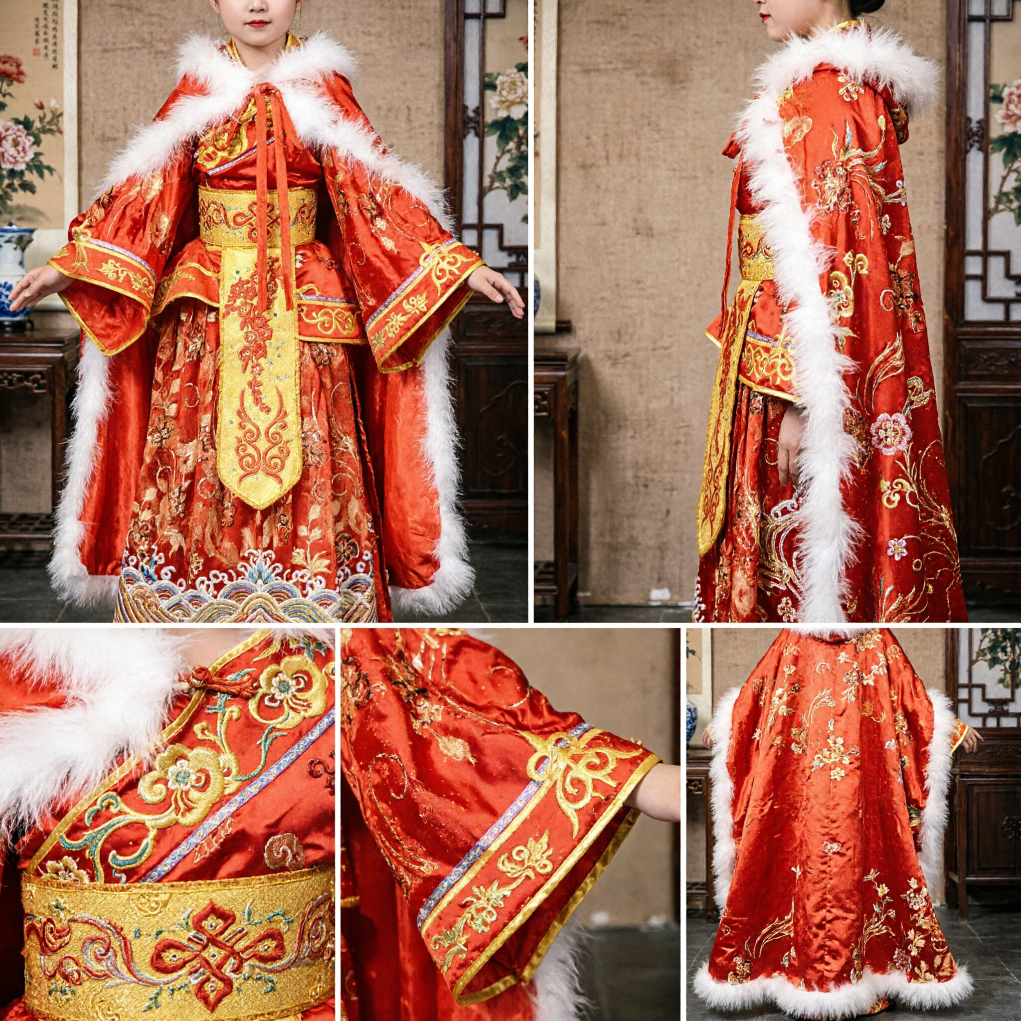 Women's Traditional Chinese Red Tang Dynasty Palace Costume with Fur Trim for Stage Performance and Cosplay - Asian Costume