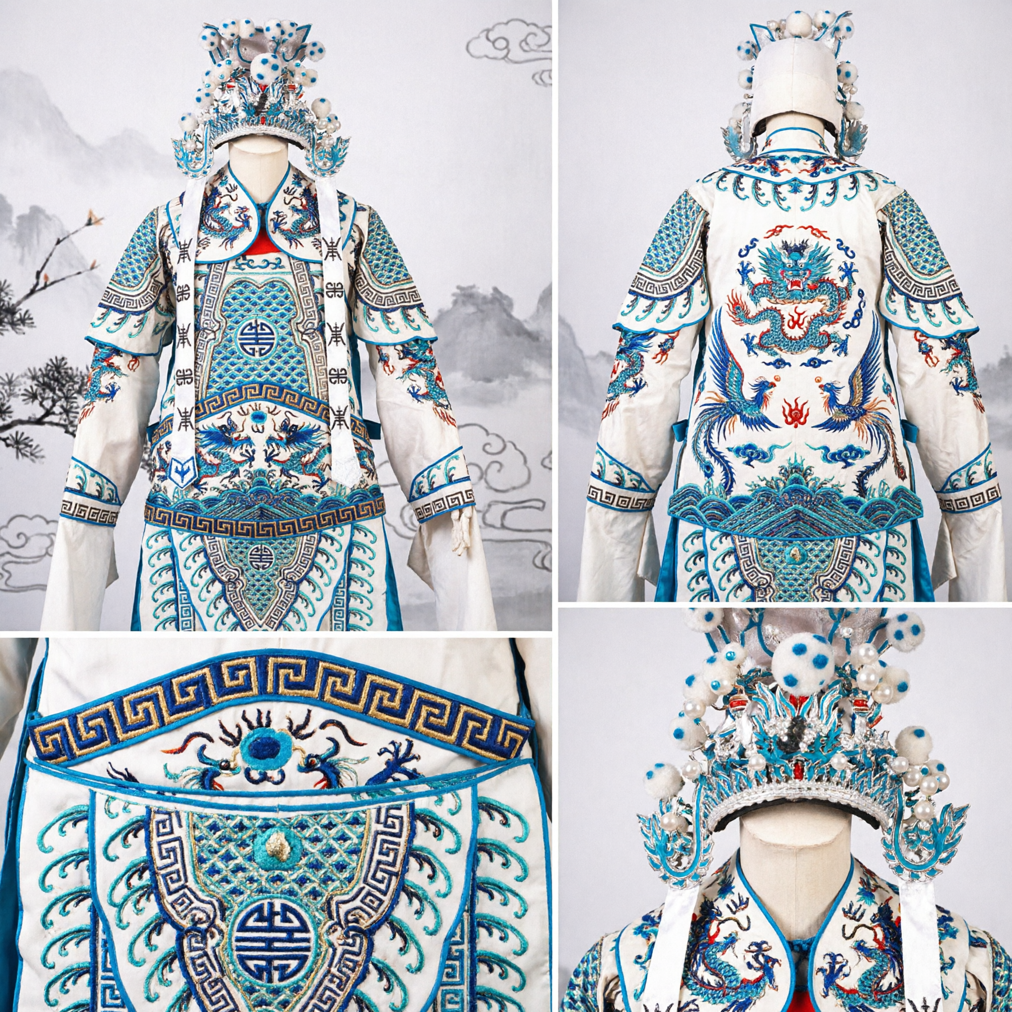 Traditional Chinese Beijing Opera General Warrior Armor Costume with Four Flags White Blue Dragon Embroidery for Men - Asian Costume