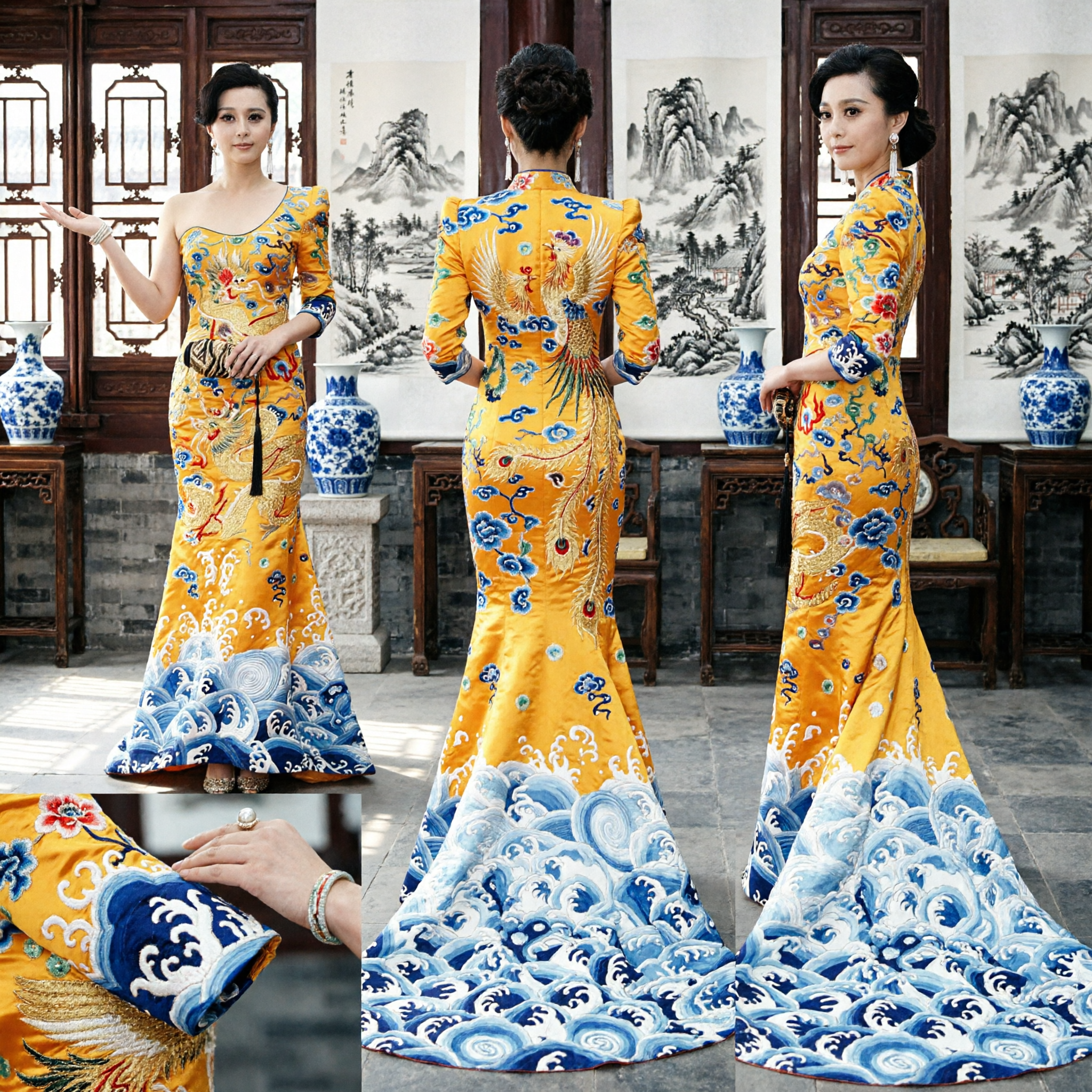Luxurious Yellow Chinese Dragon Cheongsam Evening Gown Mermaid Style Red Carpet Formal Dress for Women - Asian Costume