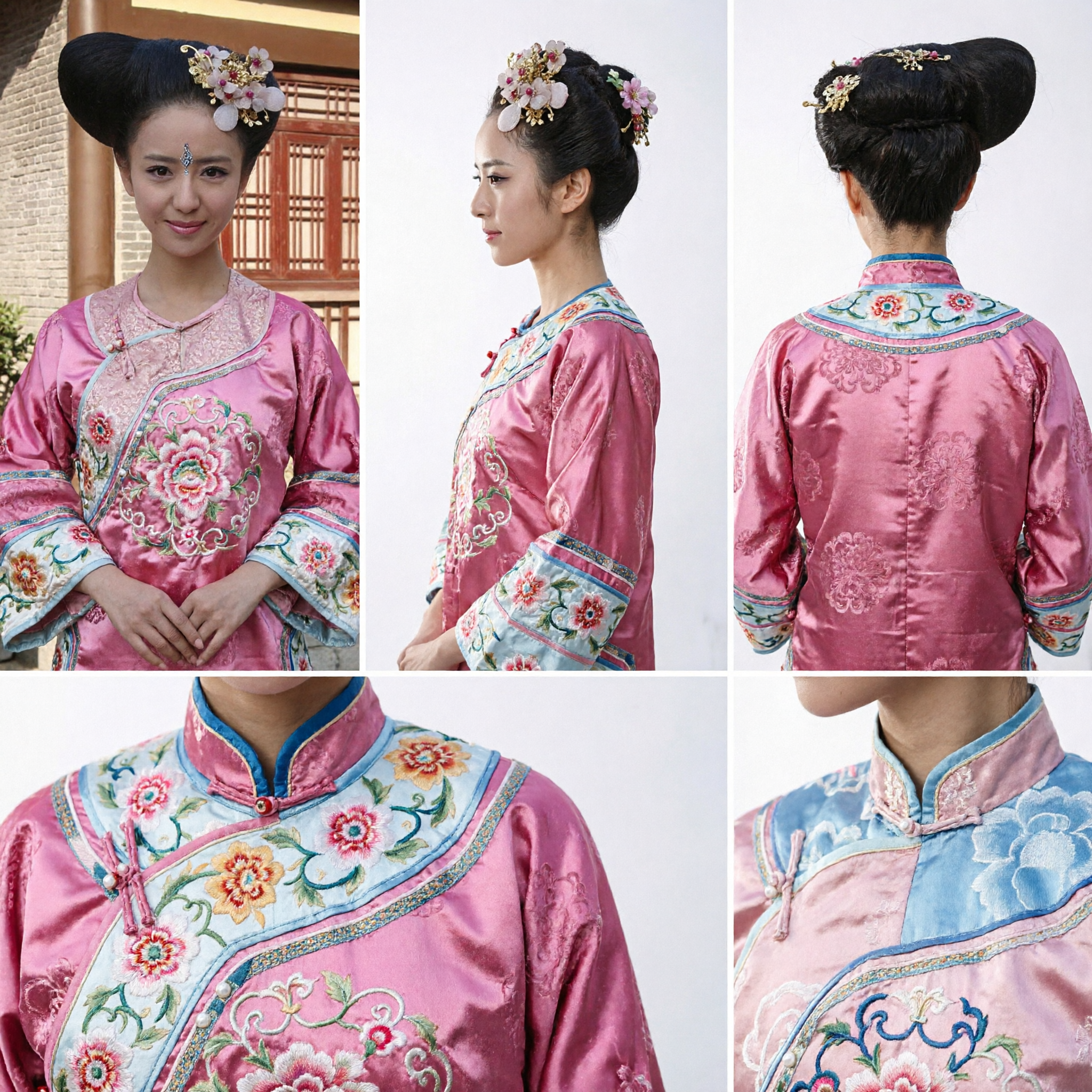 Traditional Chinese Ancient Hairpiece Tang Dynasty High Bun Wig with Floral Accessories for Hanfu Costume - Asian Costume