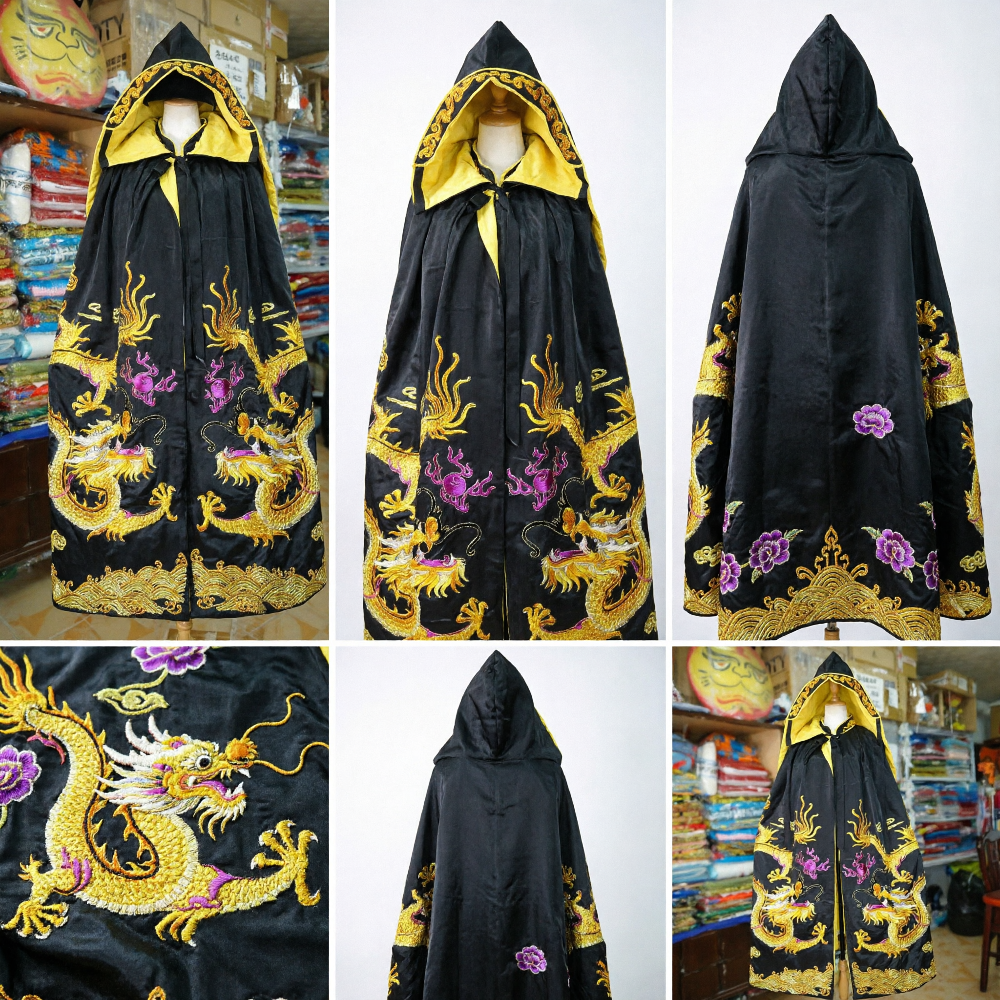 Men's Chinese Traditional Black Dragon Embroidery Hooded Cloak Cape for Taoist Cosplay and Stage Performance - Asian Costume