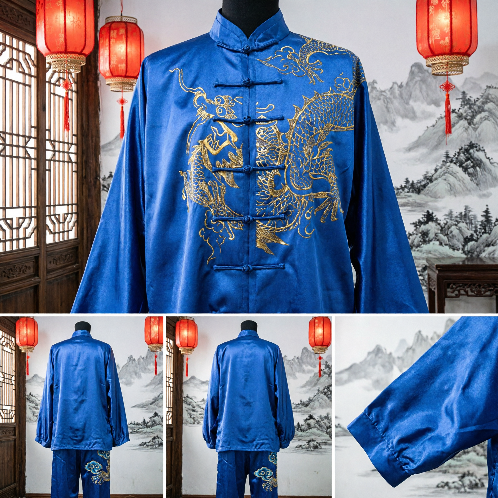 Traditional Blue Chinese Kung Fu Uniform Men's Gold Dragon Embroidery Tai Chi Wushu Silk Suit - Asian Costume