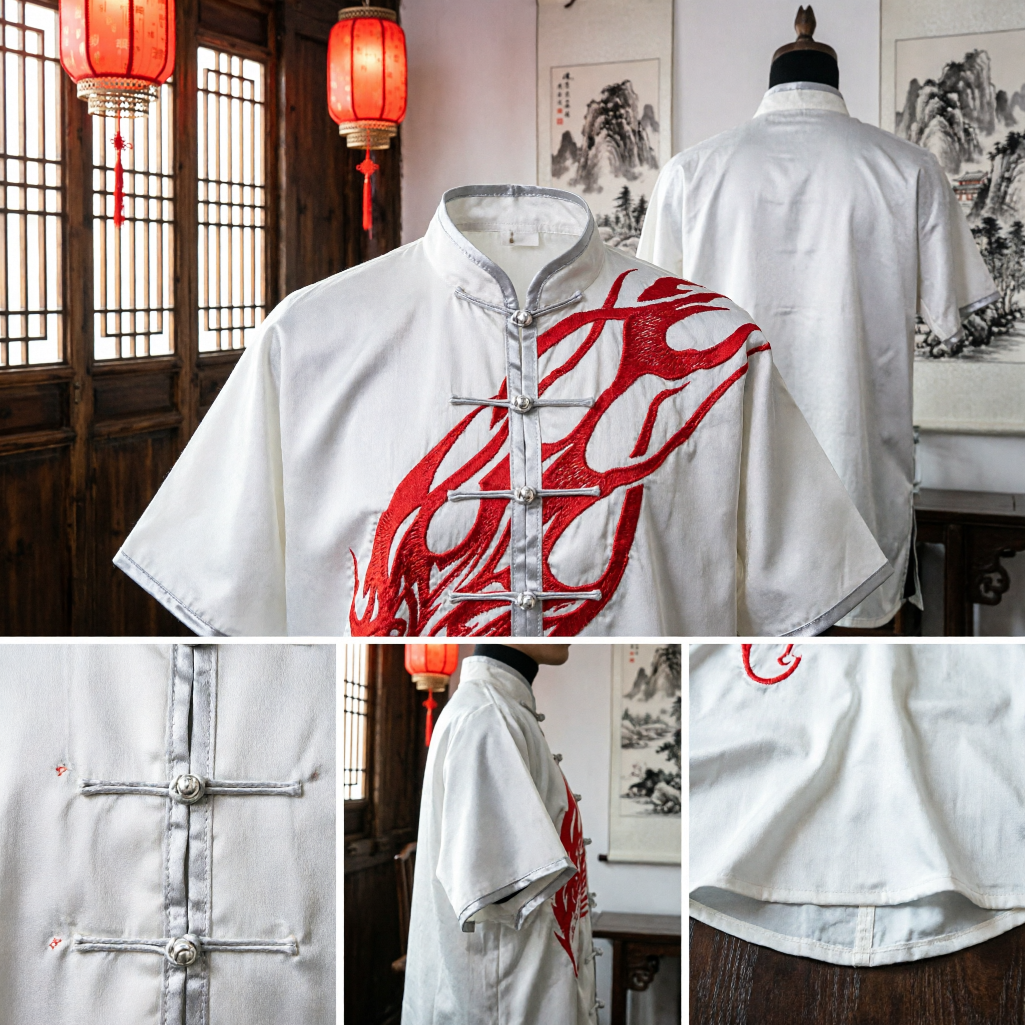 Men's White Traditional Kung Fu Uniform Set with Red Flame Design for Tai Chi and Martial Arts - Asian Costume