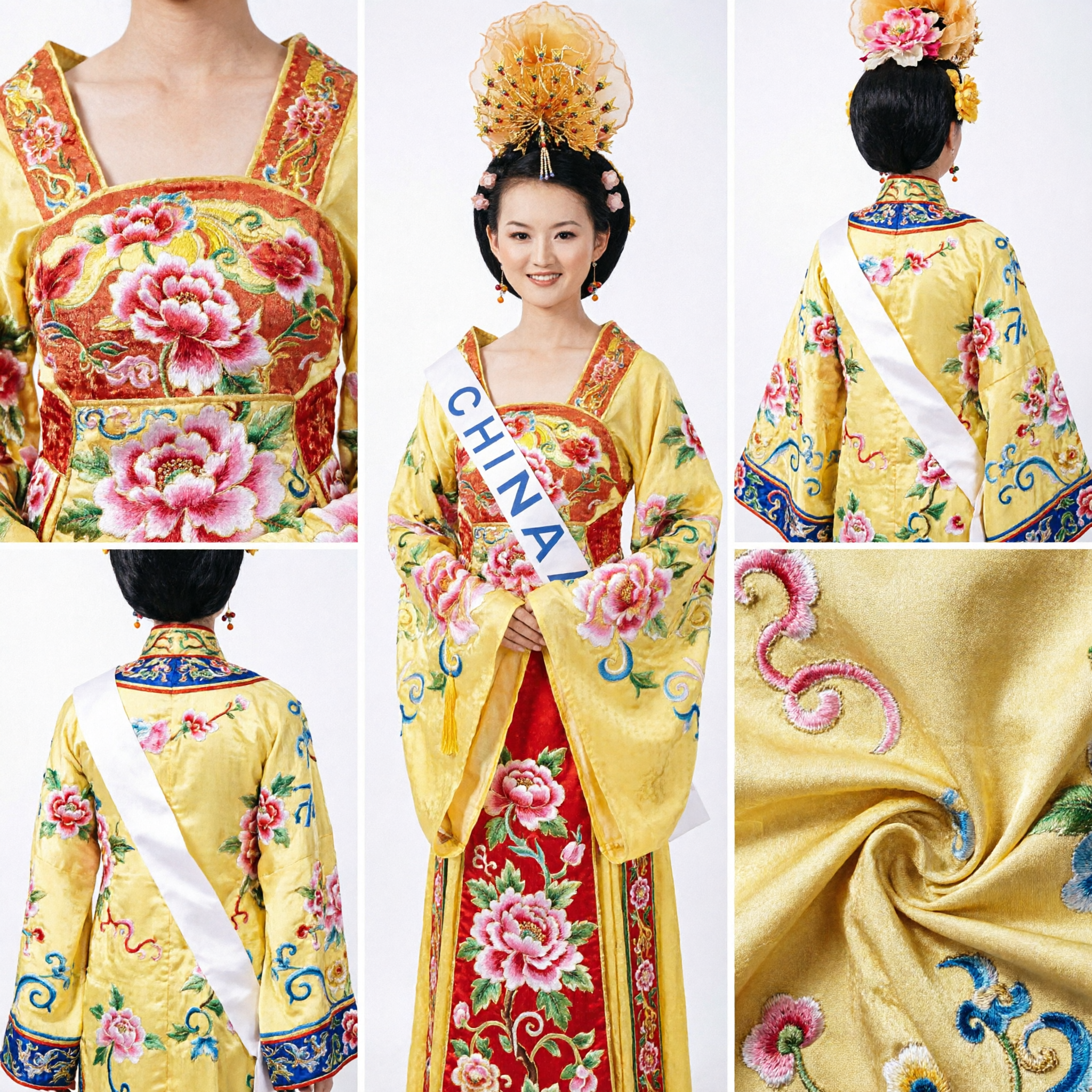 Chinese Traditional Hanfu Tang Dynasty Palace Lady Costume with Golden Headdress for Pageant Performance - Asian Costume