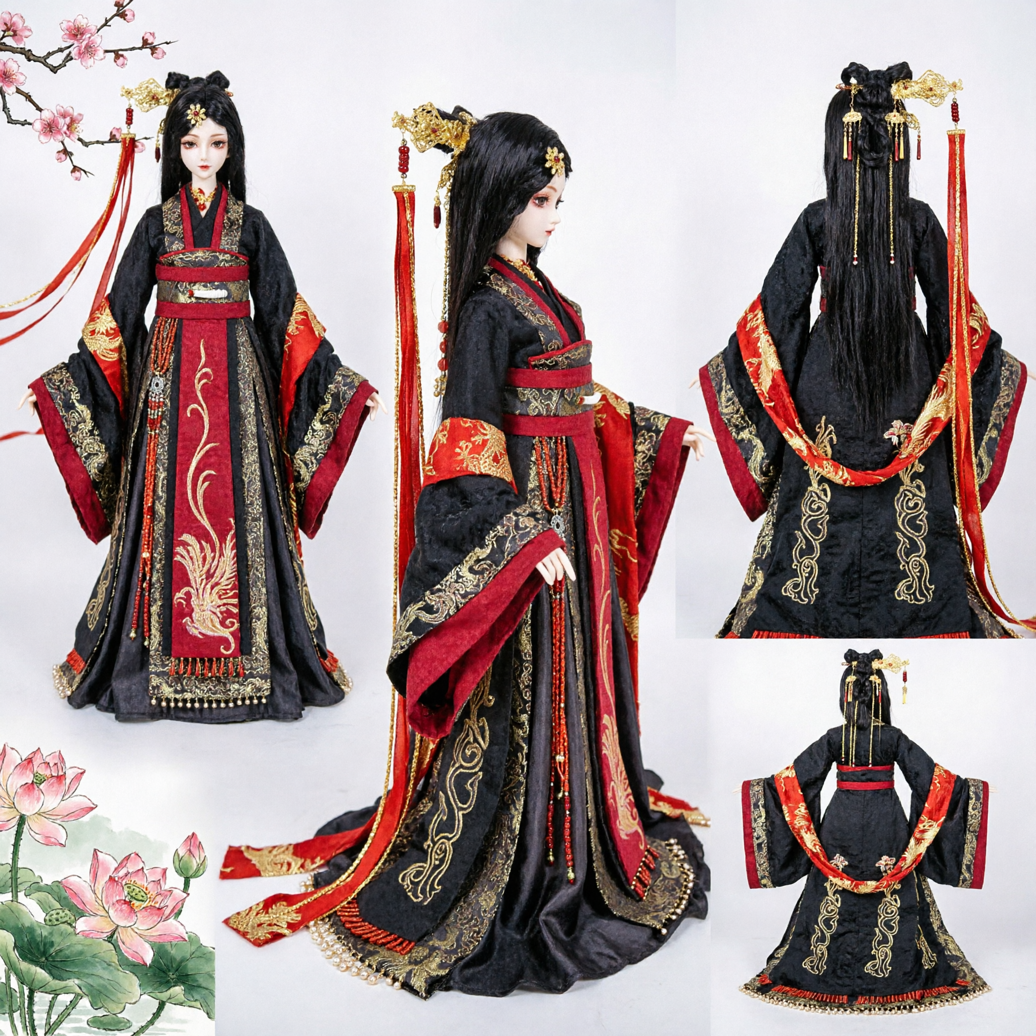 Exquisite Traditional Chinese Hanfu Doll Costume Ancient Palace Style Red and Black Embroidery for Collectors - Asian Costume