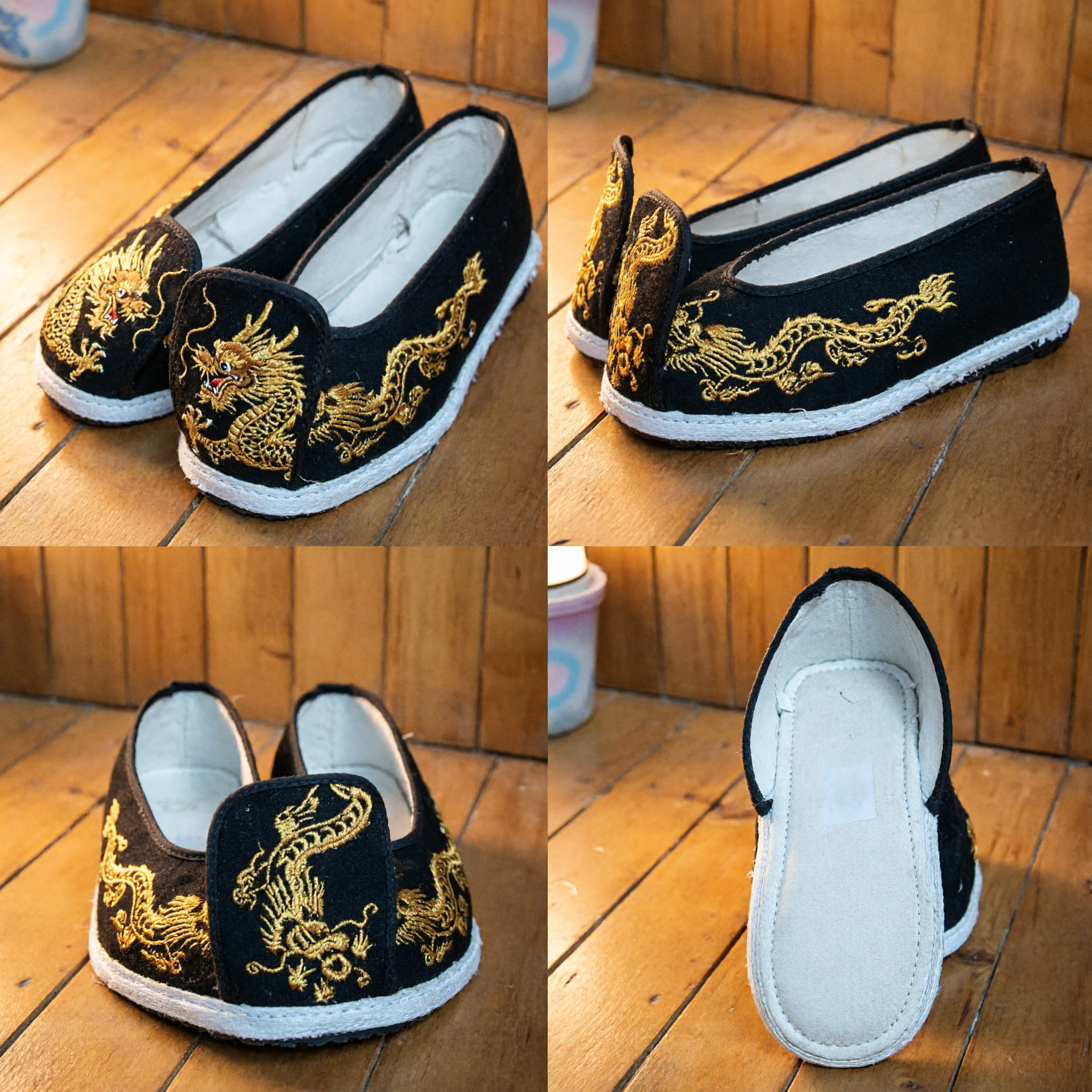 Traditional Chinese Black Velvet Kung Fu Shoes with Gold Dragon Embroidery for Tai Chi and Martial Arts - Asian Costume