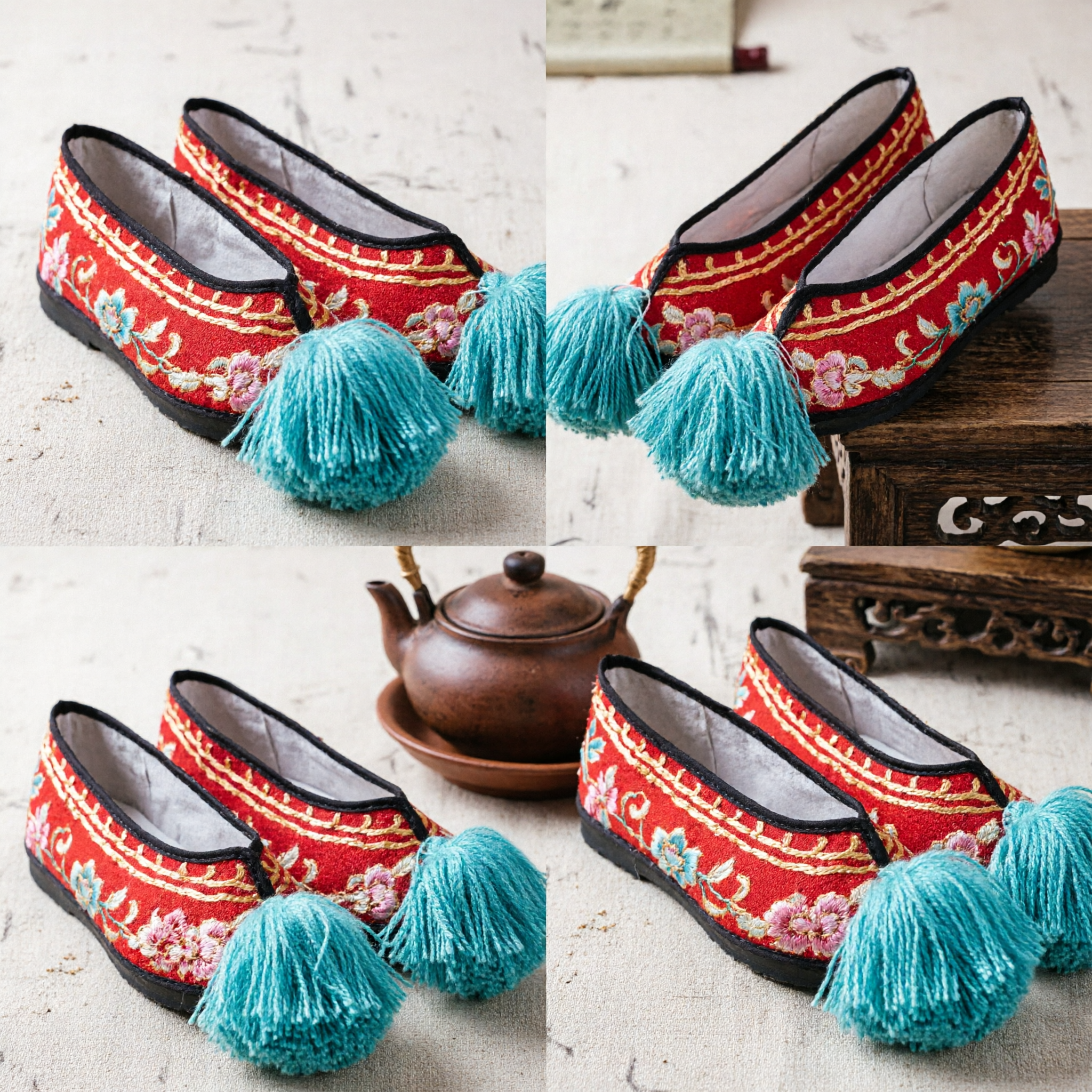 Traditional Chinese Red Embroidered Hanfu Shoes with Blue Tassels for Women Ancient Princess Wedding Cosplay - Asian Costume