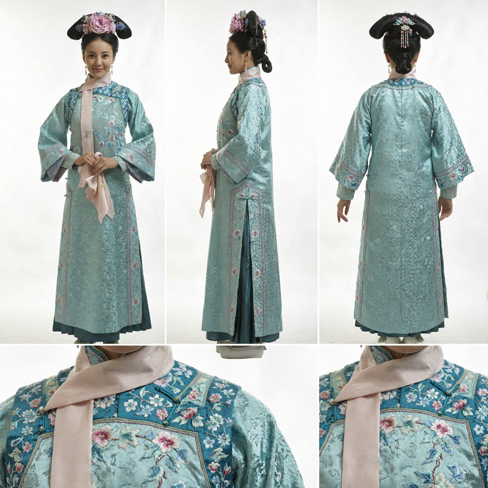 Traditional Chinese Qing Dynasty Manchu Princess Costume Blue Floral Embroidery Palace Drama Cosplay Outfit for Women - Asian Costume