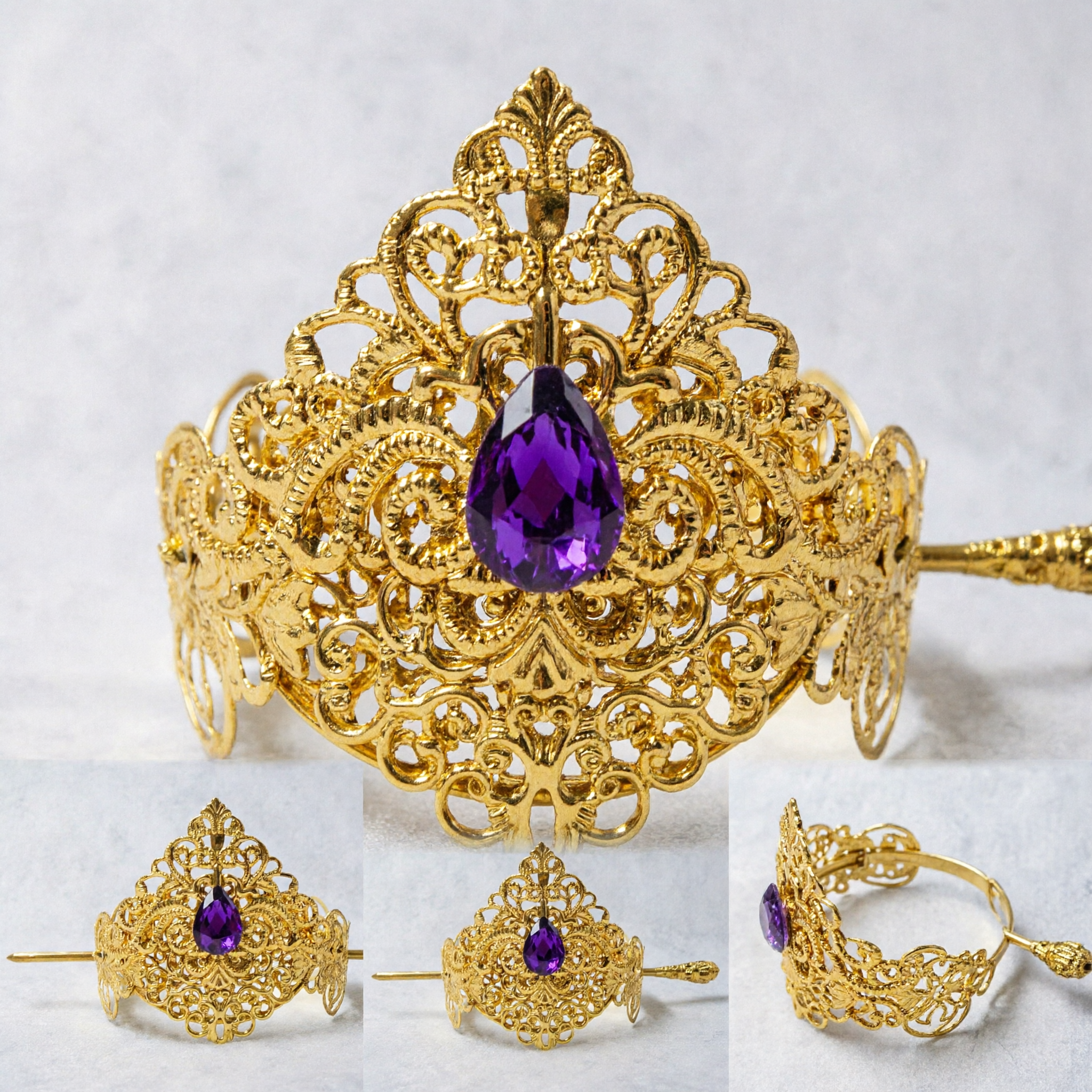 Exquisite Gold Filigree Hairpin with Purple Teardrop Gem Traditional Chinese Hanfu Headwear for Women - Asian Costume