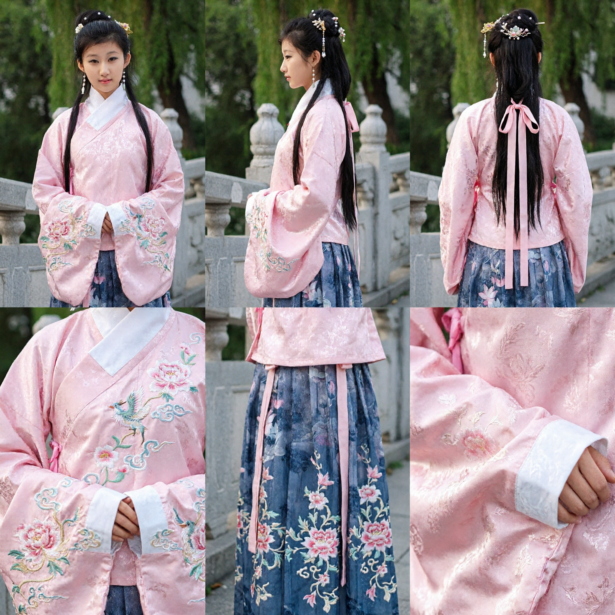 Ancient Chinese Hanfu Costume Pink Top Blue Floral Skirt Traditional Clothing for Women Cosplay - Asian Costume