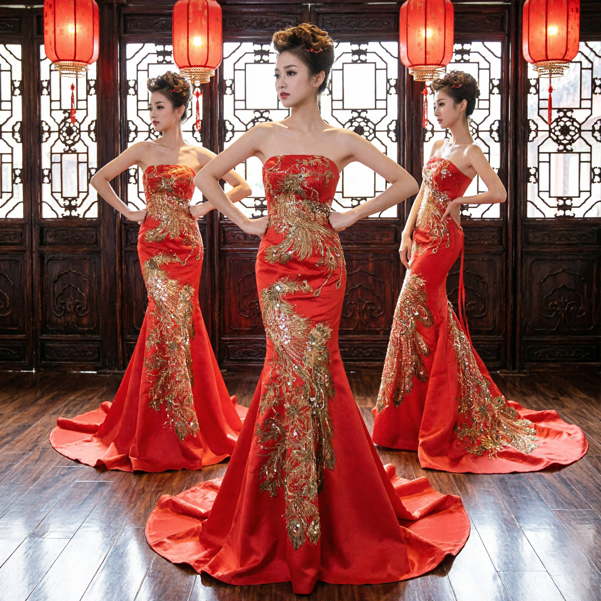 Elegant Red Chinese Wedding Dress Strapless Mermaid Gown with Gold Phoenix Embroidery for Formal Banquet - Asian Costume