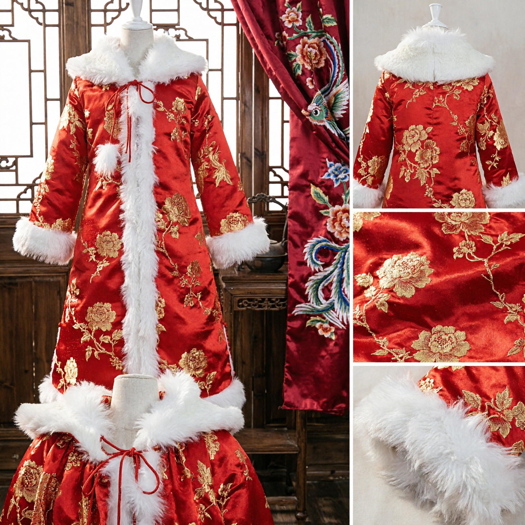Traditional Chinese Red Hooded Fur Lined Cloak Winter Hanfu Cape for Women Spring Festival Cosplay - Asian Costume
