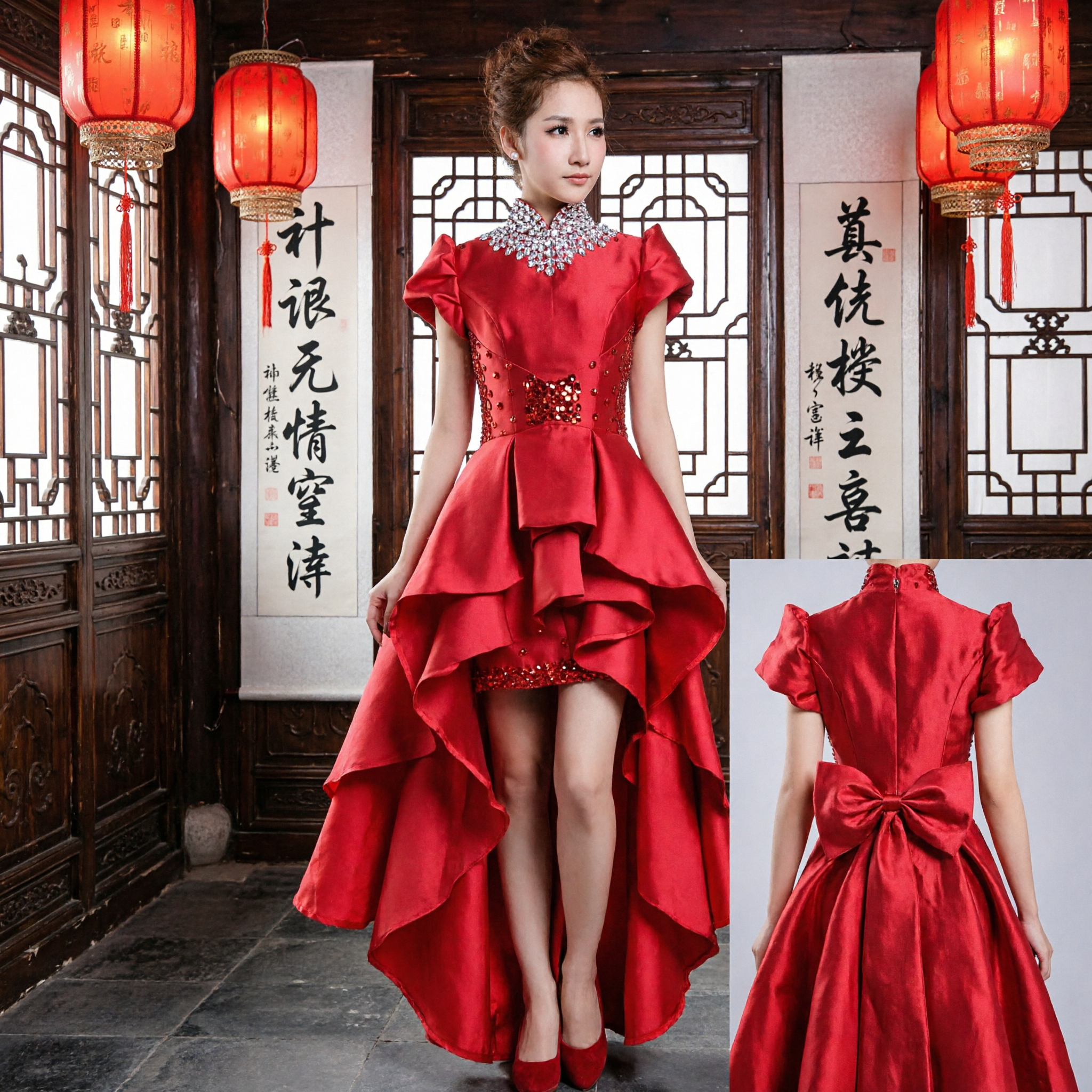 Elegant Red Satin High Low Wedding Dress Modern Chinese Qipao Style Bridal Toast Gown - Asian Costume
