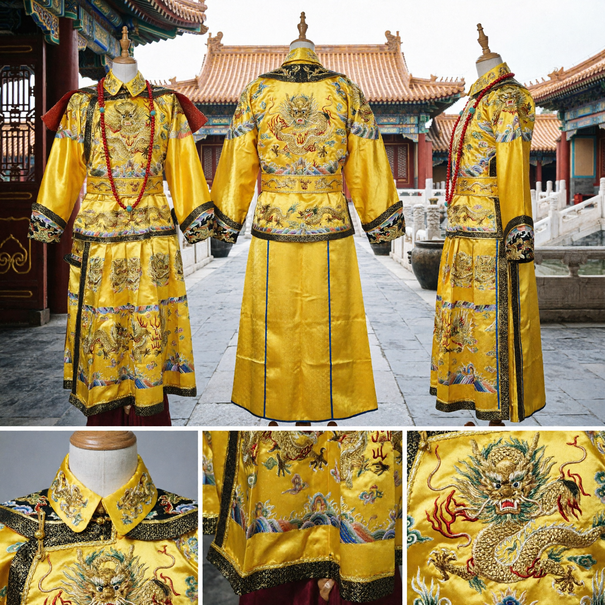 Complete Traditional Chinese Emperor Dragon Robe Costume Qing Dynasty Yellow Imperial Clothing Men Cosplay Stage Performance - Asian Costume