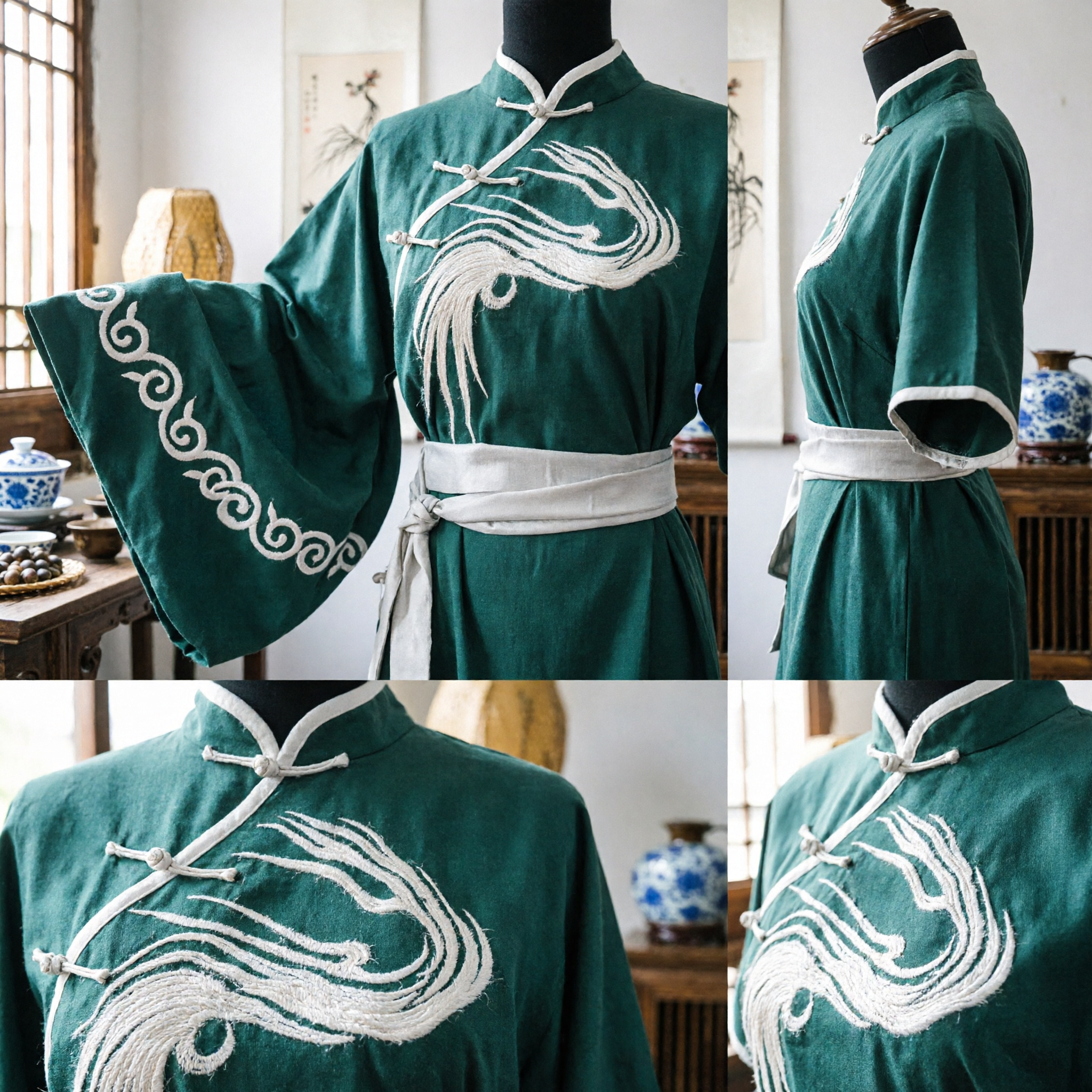 Traditional Green Chinese Kung Fu Uniform Wushu Suit with Phoenix Wing Embroidery for Martial Arts Performance - Asian Costume
