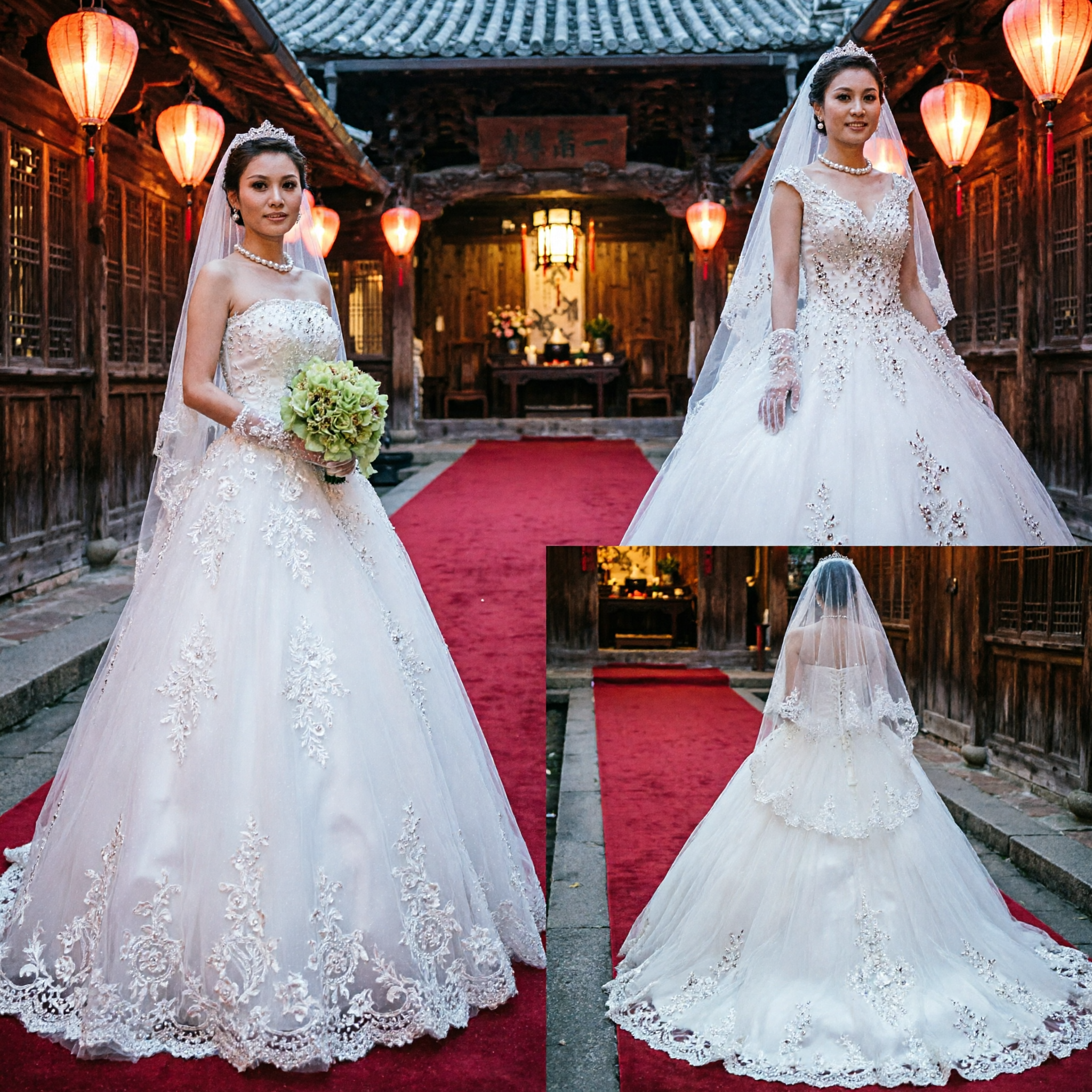Elegant White Strapless Ball Gown Wedding Dress with Layered Ruffles and Long Veil for Brides - Asian Costume
