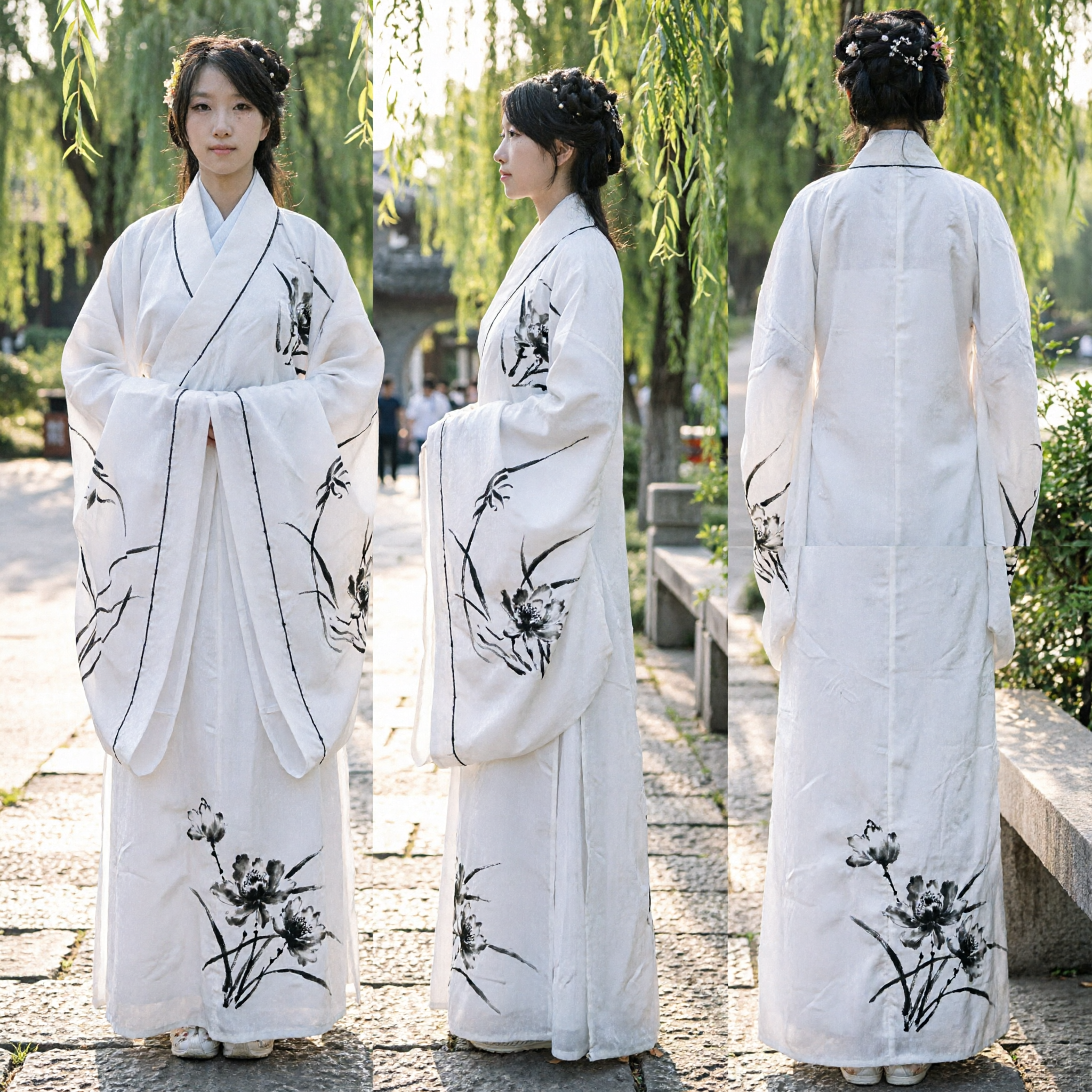 Elegant White Traditional Chinese Hanfu Women's Cross-Collar Robe with Ink Bamboo Print for Photography - Asian Costume