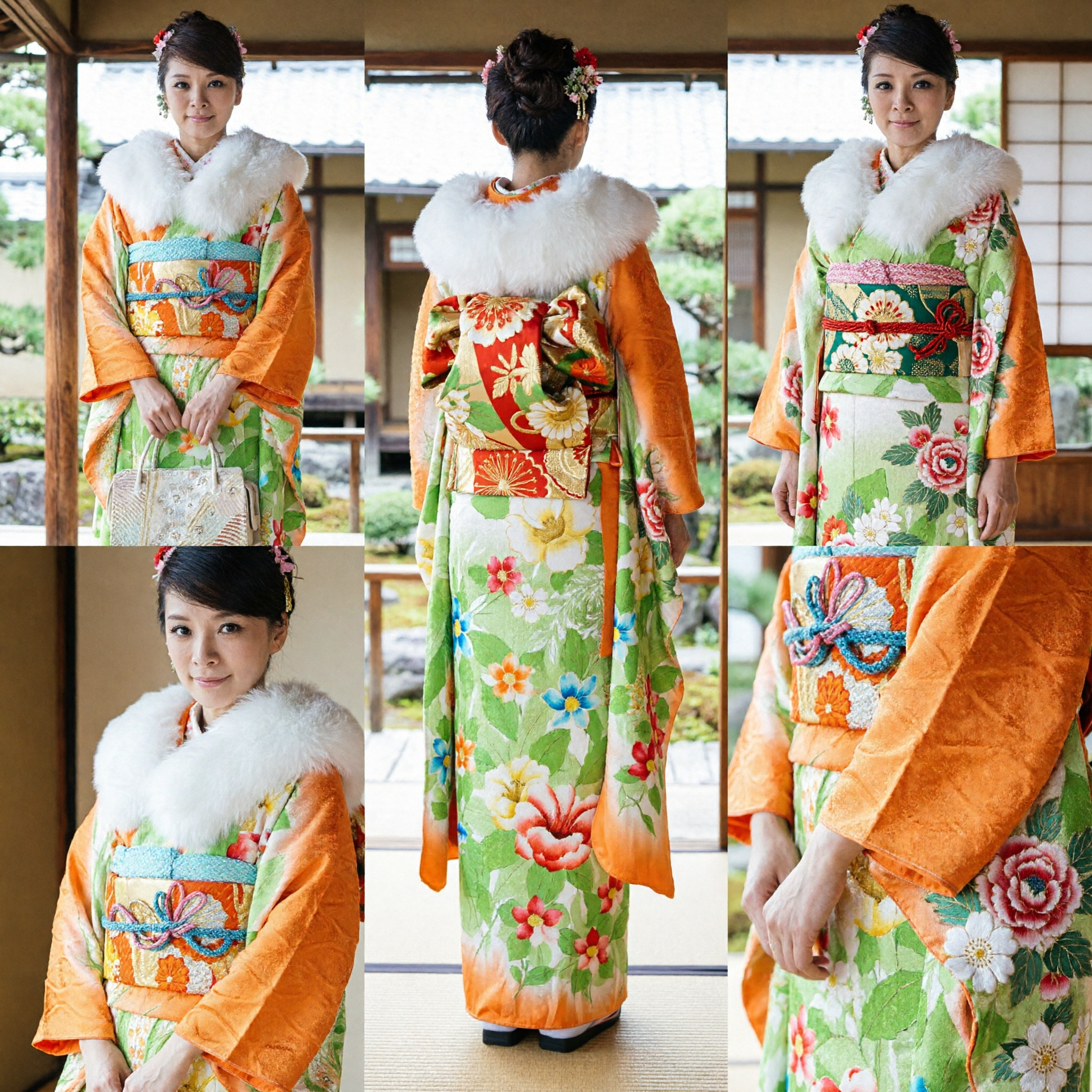 Elegant Traditional Japanese Furisode Kimono for Women Featuring Orange and Green Floral Print with White Fur Stole - Asian Costume