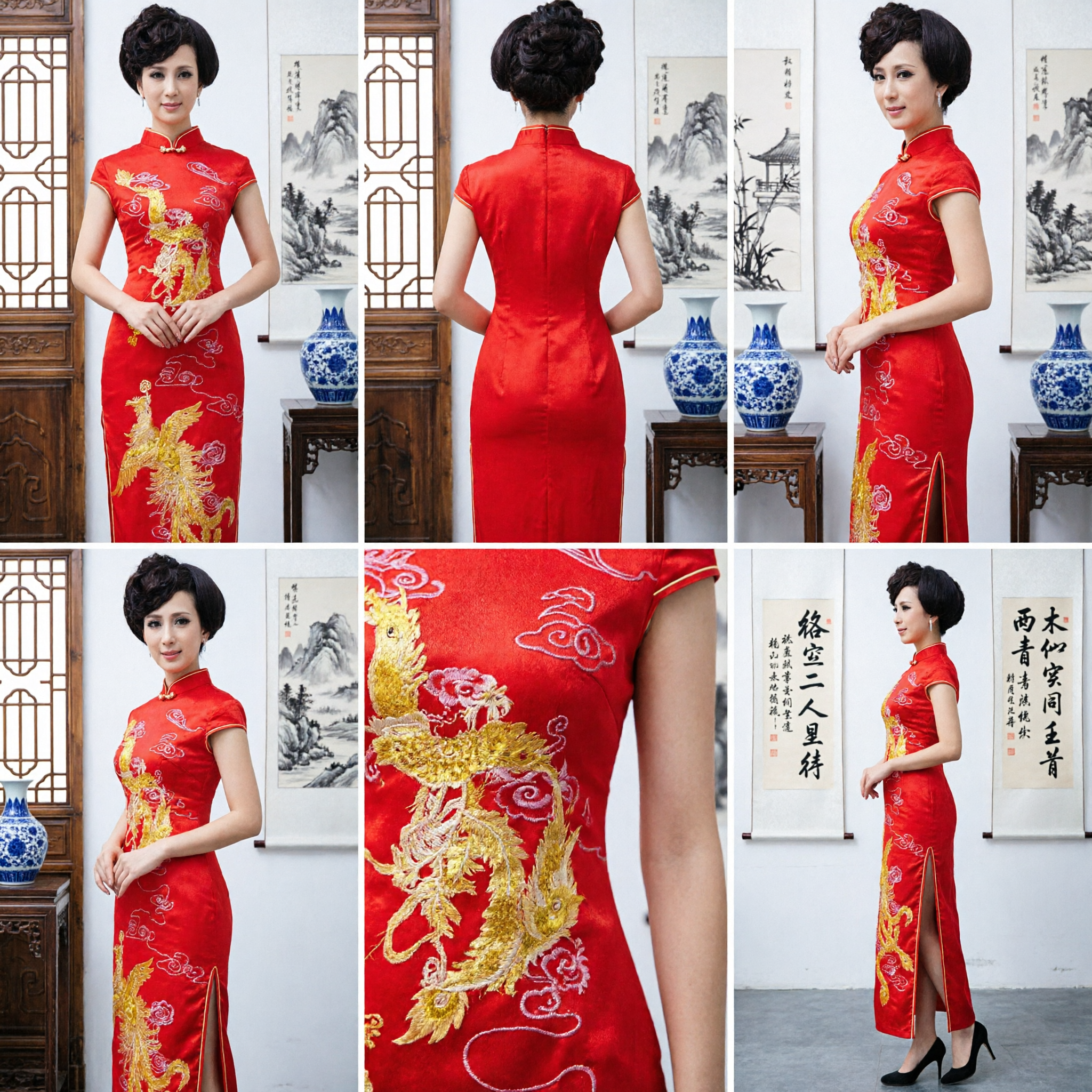 Traditional Red Chinese Qipao Dress with Gold Phoenix Embroidery for Wedding Banquet Formal Wear - Asian Costume