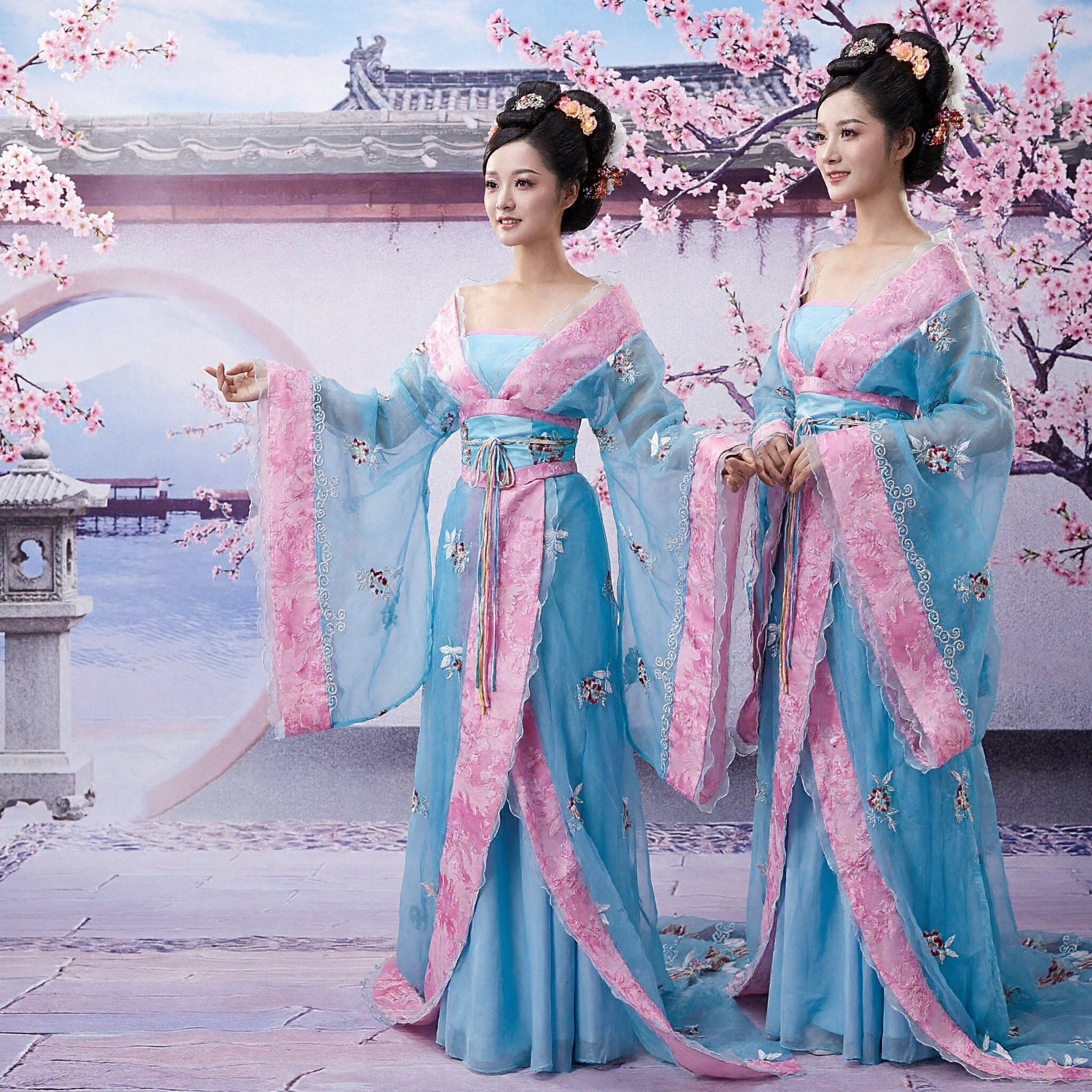 Ancient Chinese Tang Dynasty Hanfu Dress Blue Pink Floral Embroidery Traditional Costume for Women Performance - Asian Costume