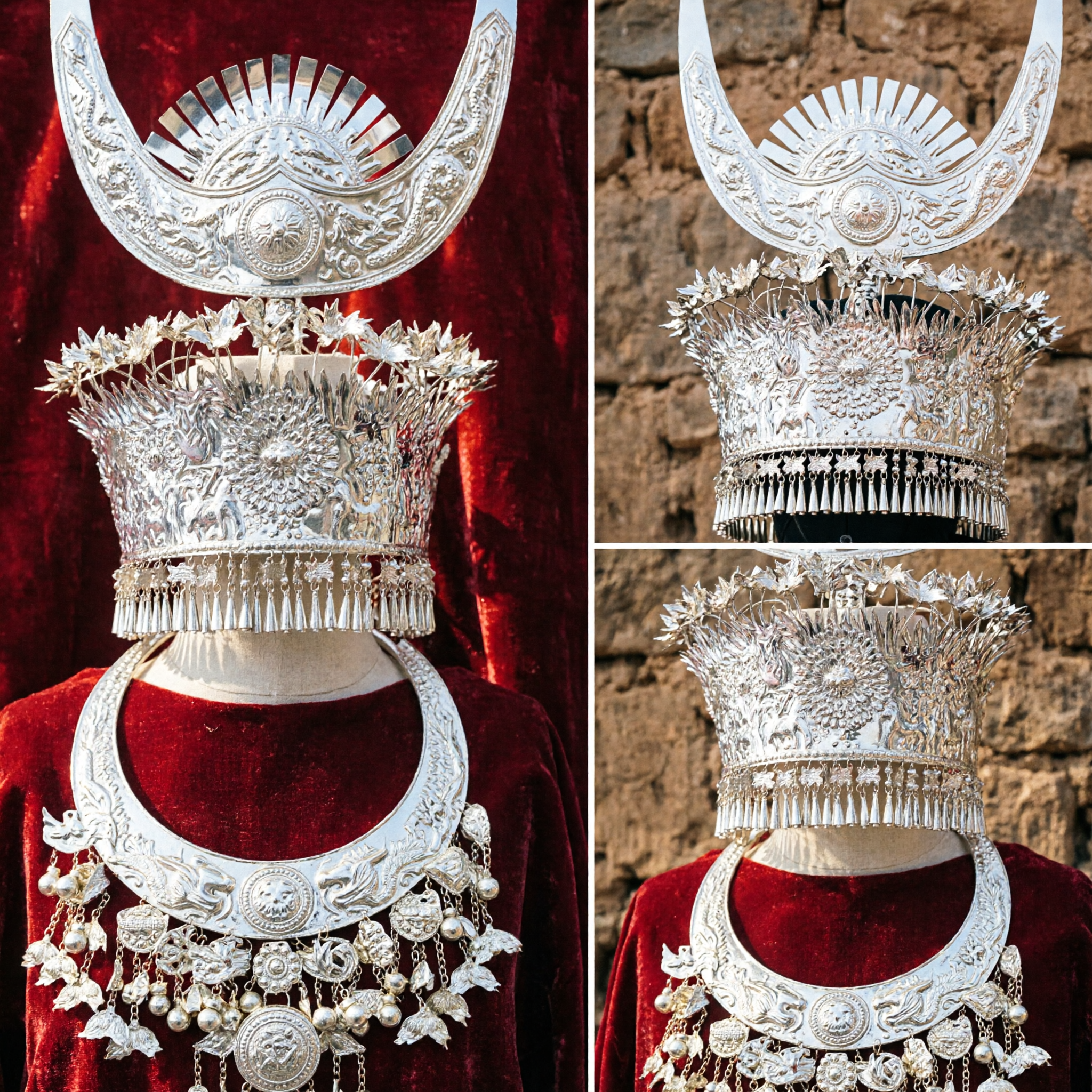 Exquisite Traditional Chinese Miao Silver Headdress and Necklace Set for Ethnic Wedding Dance Costume - Asian Costume