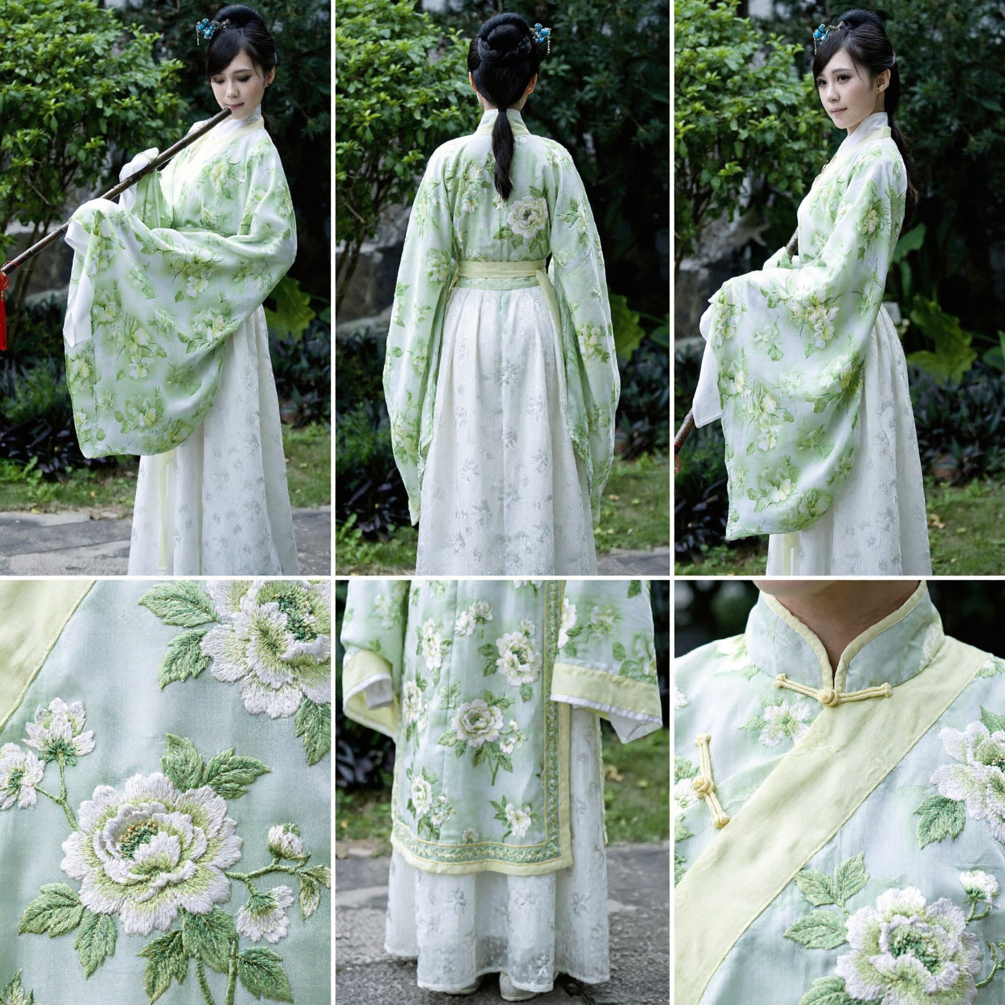 Elegant Green Floral Hanfu Traditional Chinese Ancient Costume Wide Sleeve Robe for Women Cultural Performance - Asian Costume