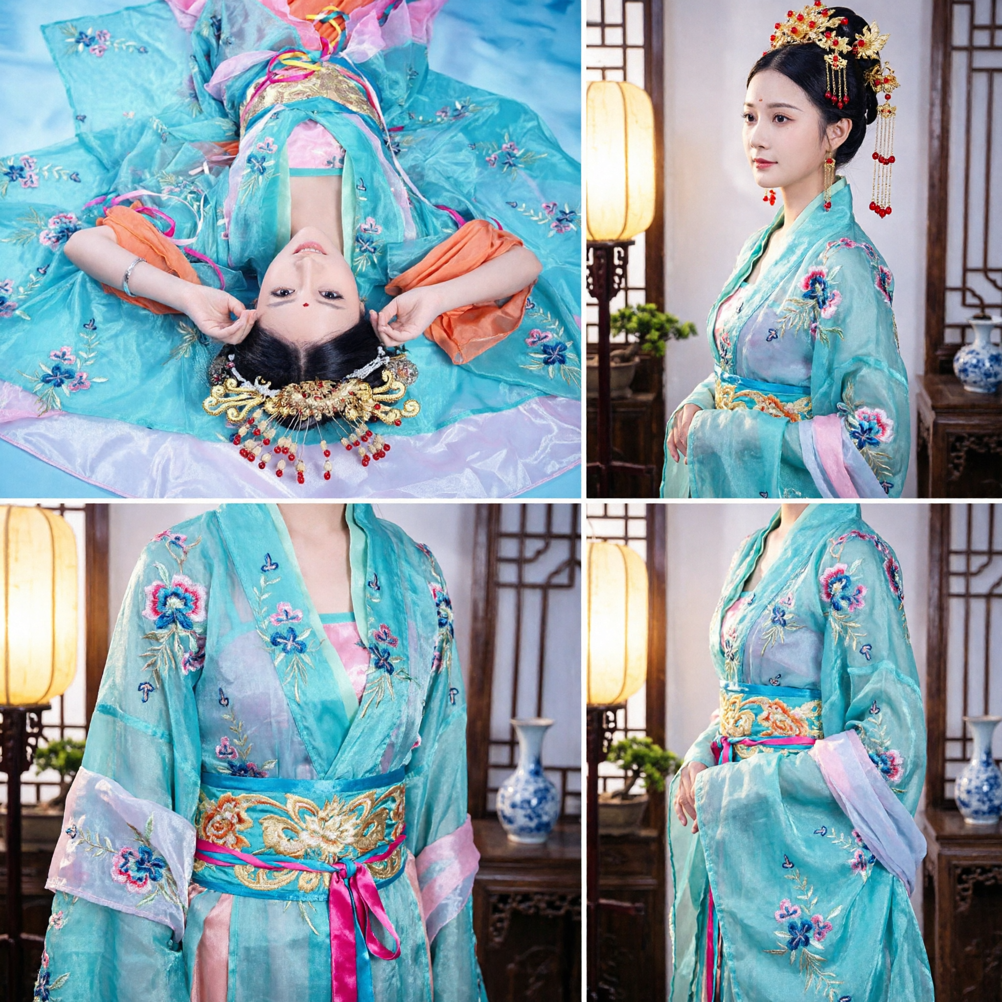 Women's Traditional Chinese Hanfu Tang Dynasty Dunhuang Flying Apsara Dance Costume Blue and Orange Ensemble - Asian Costume