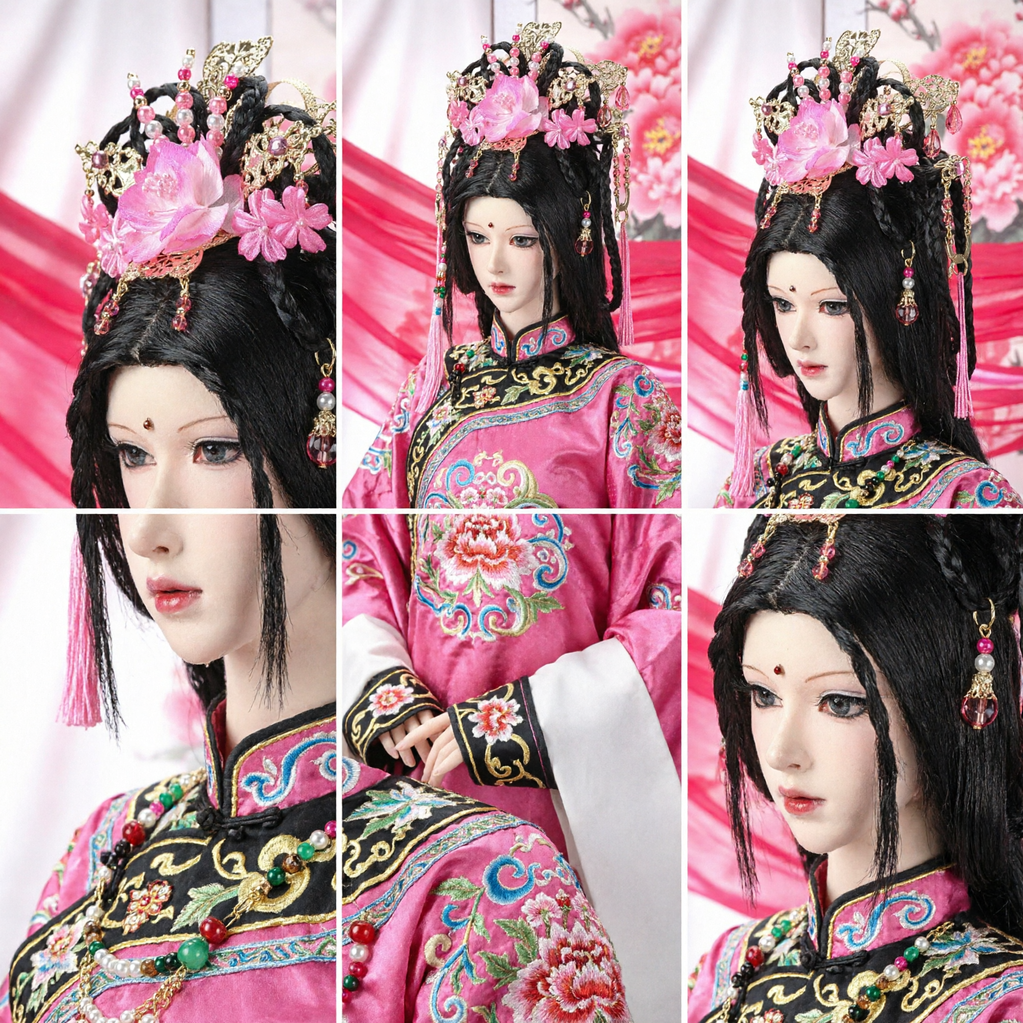 Traditional Chinese Ancient Princess Hair Accessories Pink Flower Headdress Hanfu Crown Set for Women Wedding Cosplay - Asian Costume
