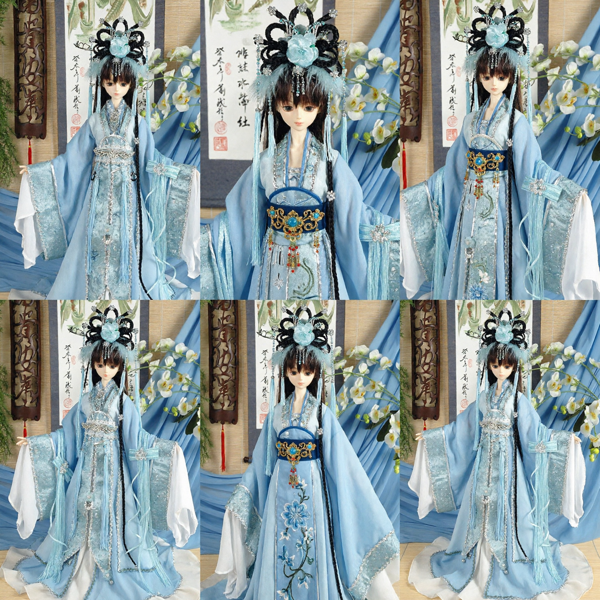 Exquisite Light Blue Traditional Chinese Hanfu Costume Set for BJD Dolls with Ornate Floral Headdress - Asian Costume