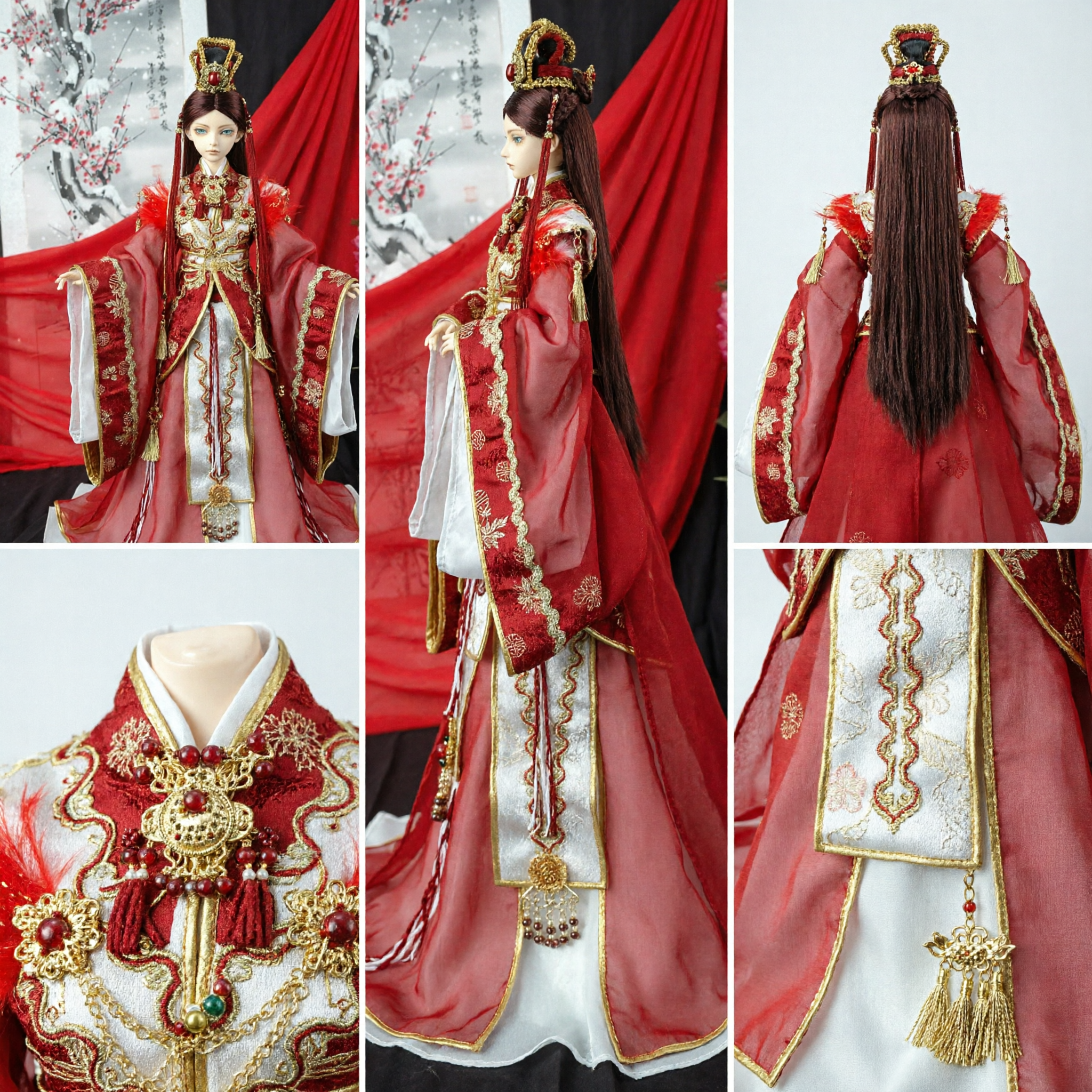 Traditional Chinese Red Hanfu Wedding Dress with Gold Embroidery and Phoenix Crown for Women Cosplay - Asian Costume
