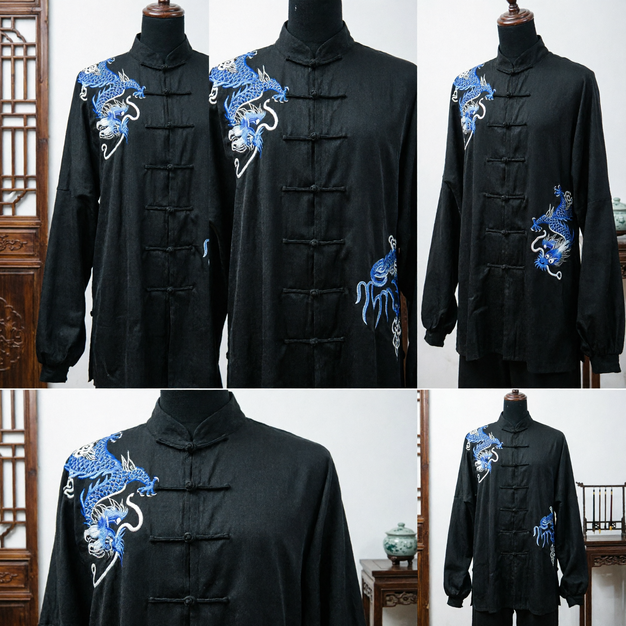 Men's Black Silk Dragon Embroidery Kung Fu Uniform Traditional Tai Chi Martial Arts Tang Suit - Asian Costume