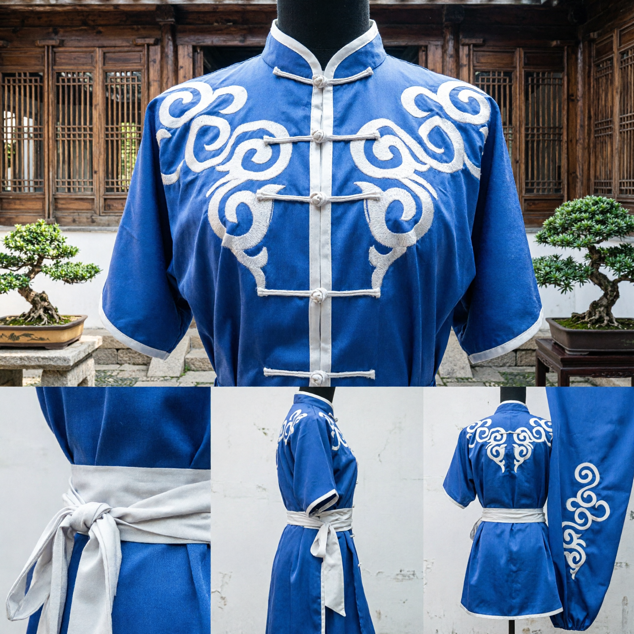 Traditional Blue Chinese Kung Fu Uniform Men's Martial Arts Costume with White Cloud Embroidery for Performance - Asian Costume