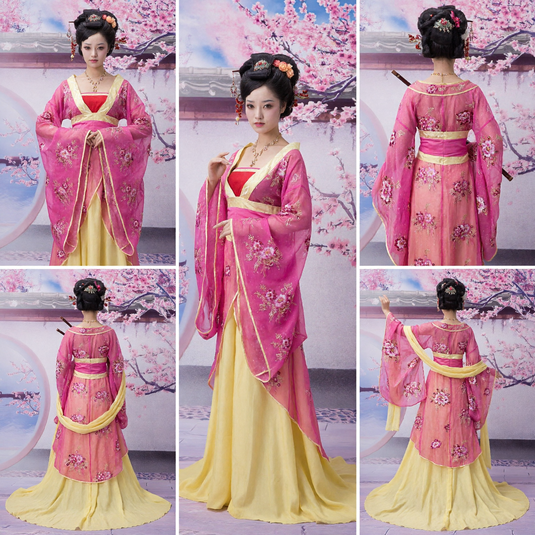 Ancient Chinese Tang Dynasty Hanfu Costume Pink Floral Embroidered Robe and Yellow Skirt for Women - Asian Costume