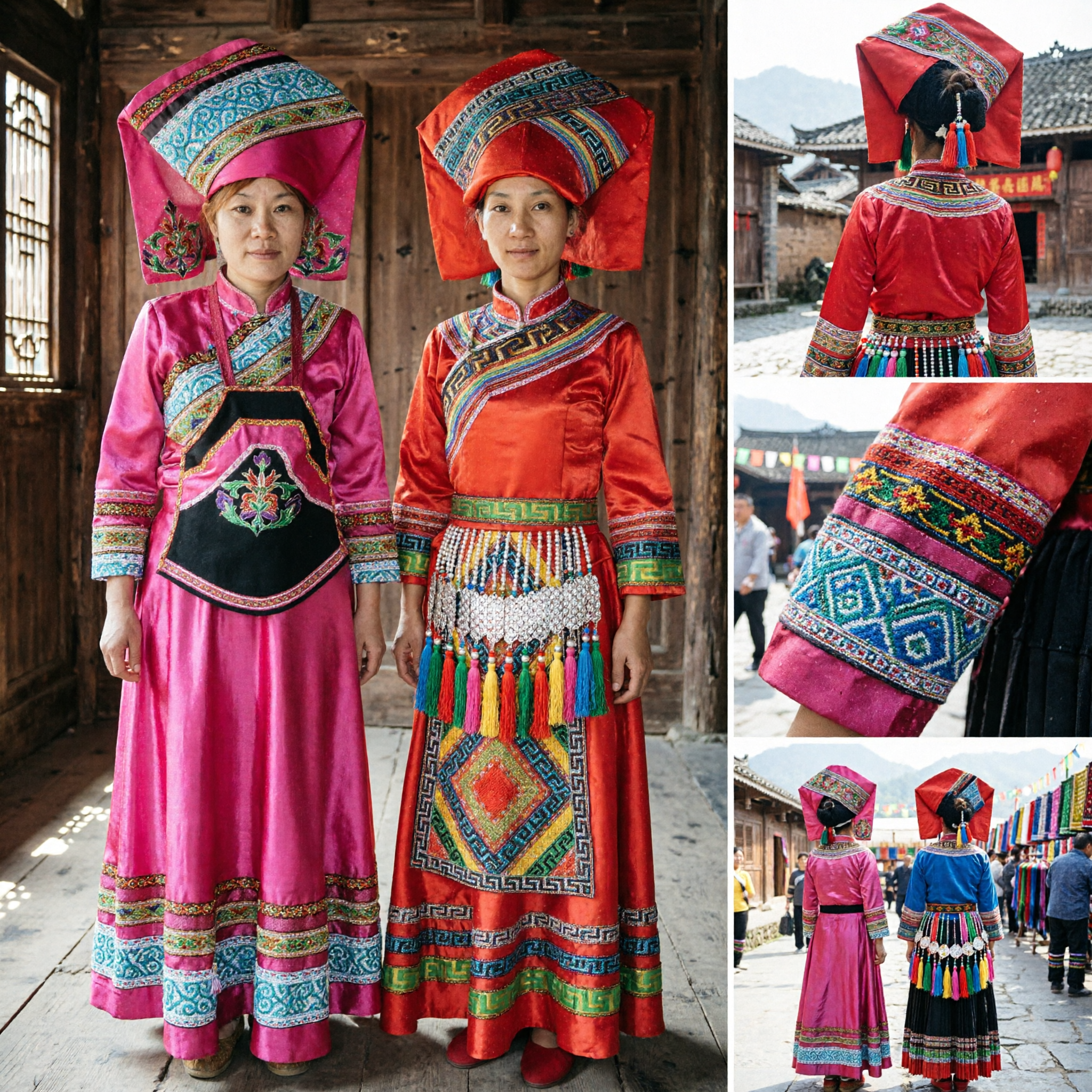 Traditional Chinese Ethnic Minority Costume Women's Zhuang Nationality Festival Dress with Elaborate Embroidered Headwear - Asian Costume