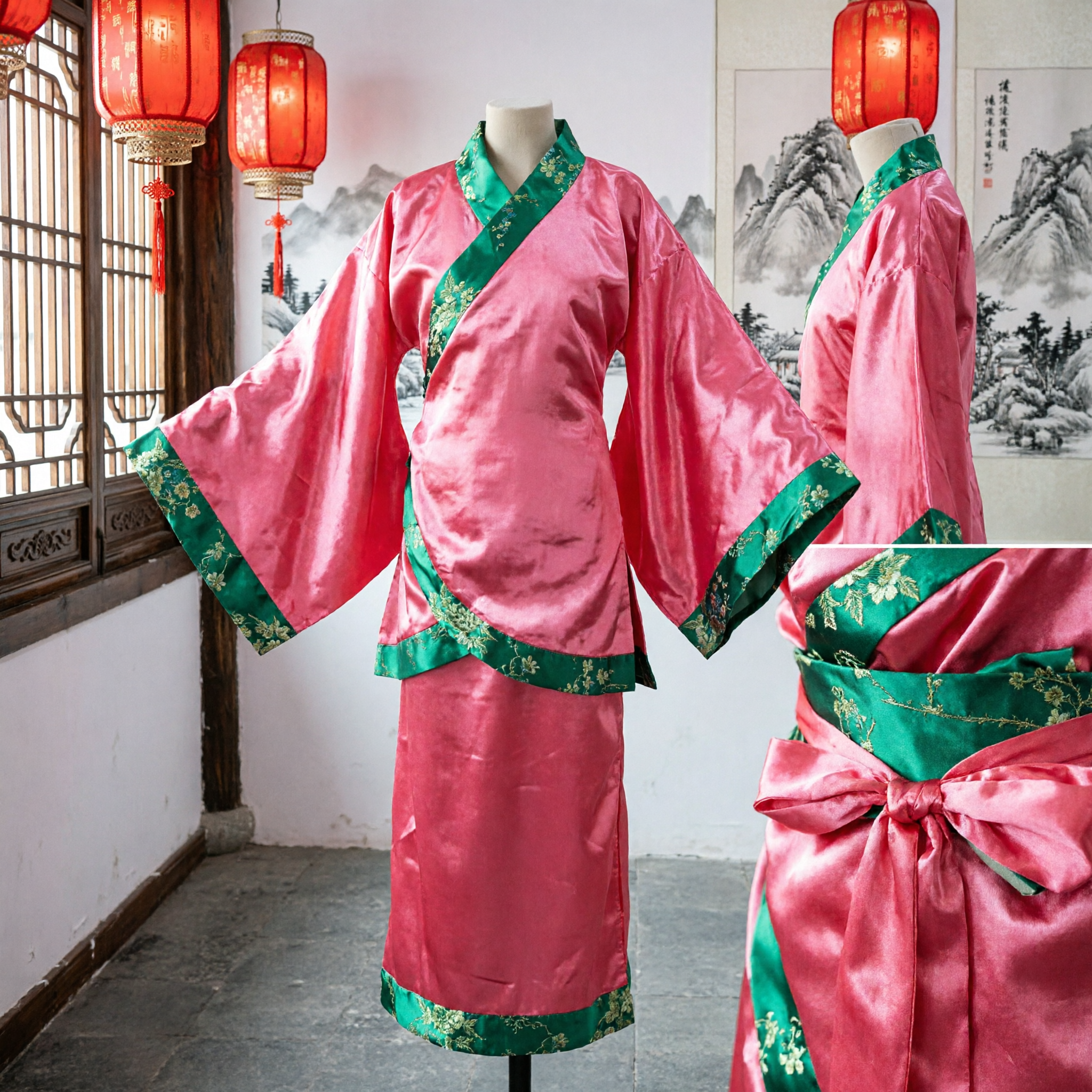 Traditional Chinese Hanfu Ancient Costume Pink Satin Robe with Green Floral Trim for Women Cultural Performance - Asian Costume