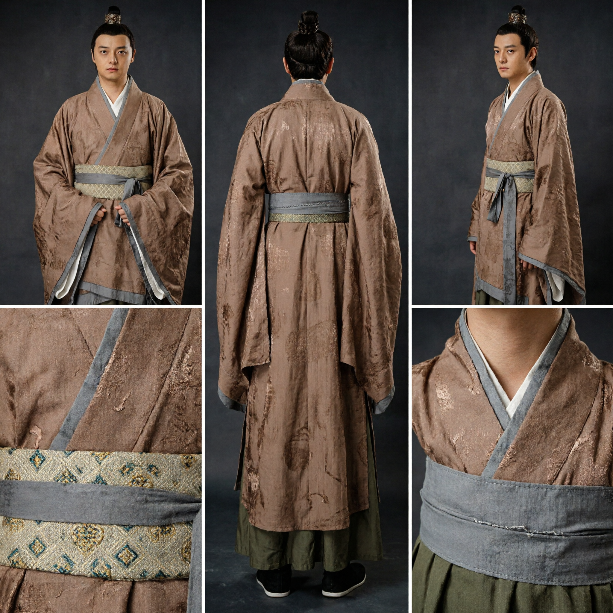 Men's Traditional Chinese Hanfu Ancient Scholar Costume Brown Cross-Collar Robe for Cosplay Photography and Cultural Events - Asian Costume