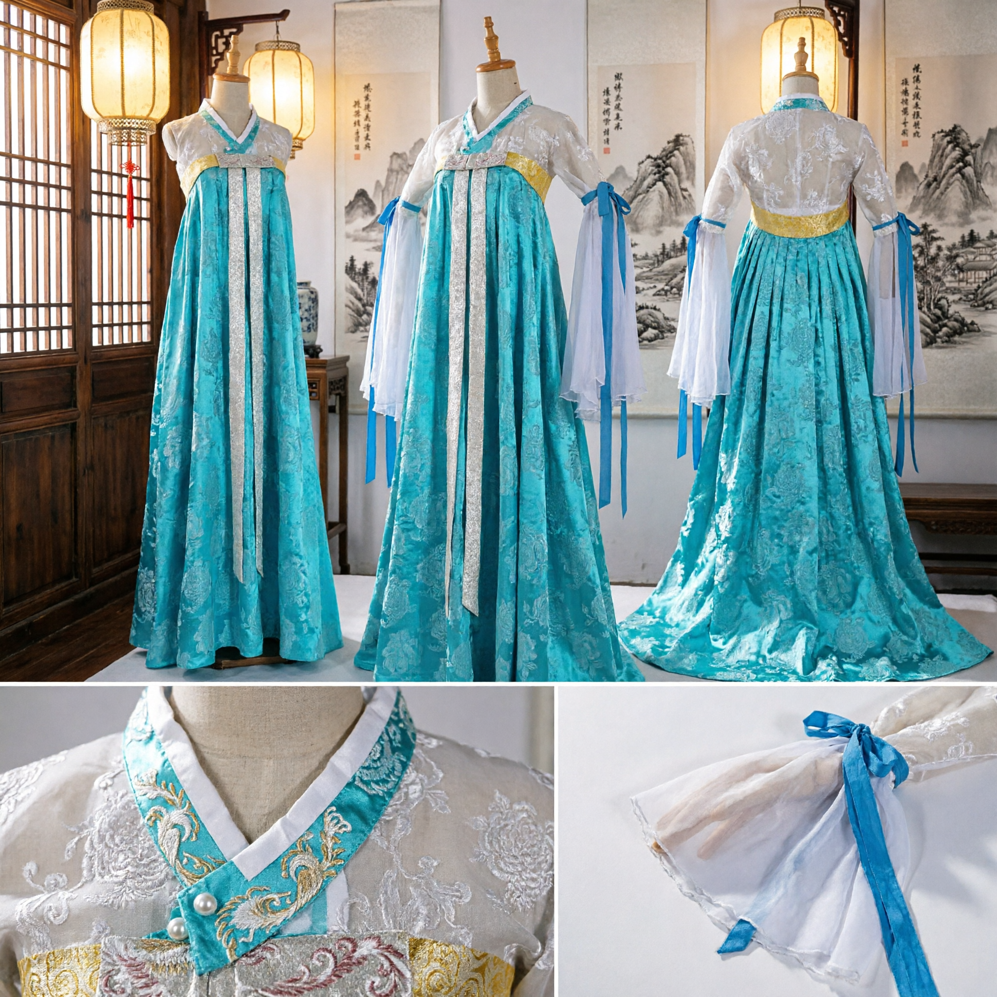 Traditional Chinese Hanfu Tang Dynasty Ruqun Dress Blue Ancient Palace Costume for Women Cosplay Performance - Asian Costume