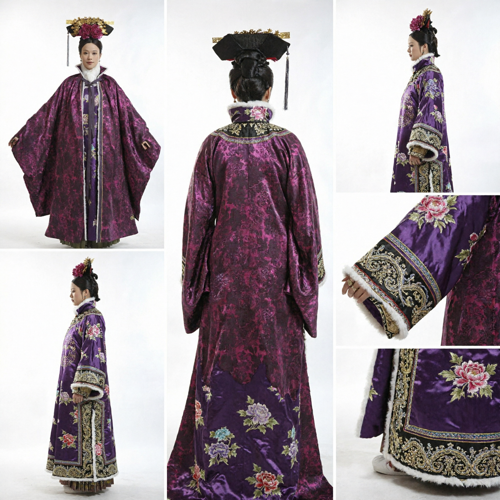 Traditional Chinese Qing Dynasty Empress Purple Floral Brocade Cape Cloak Dou Peng Costume for Women Cosplay - Asian Costume