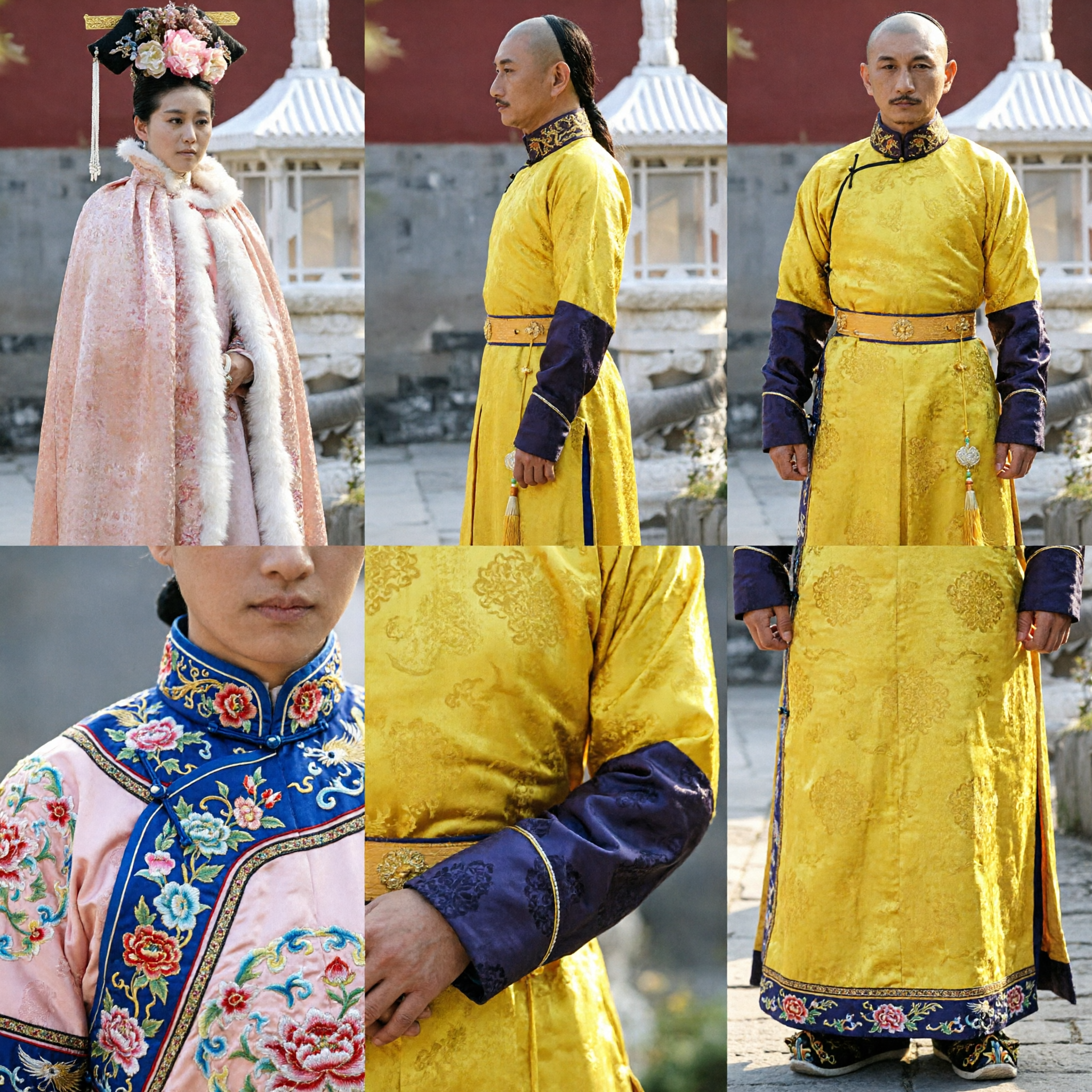 Traditional Chinese Qing Dynasty Imperial Couple Costume Set Yellow Emperor Robe and Pink Fur Stole for Cosplay - Asian Costume