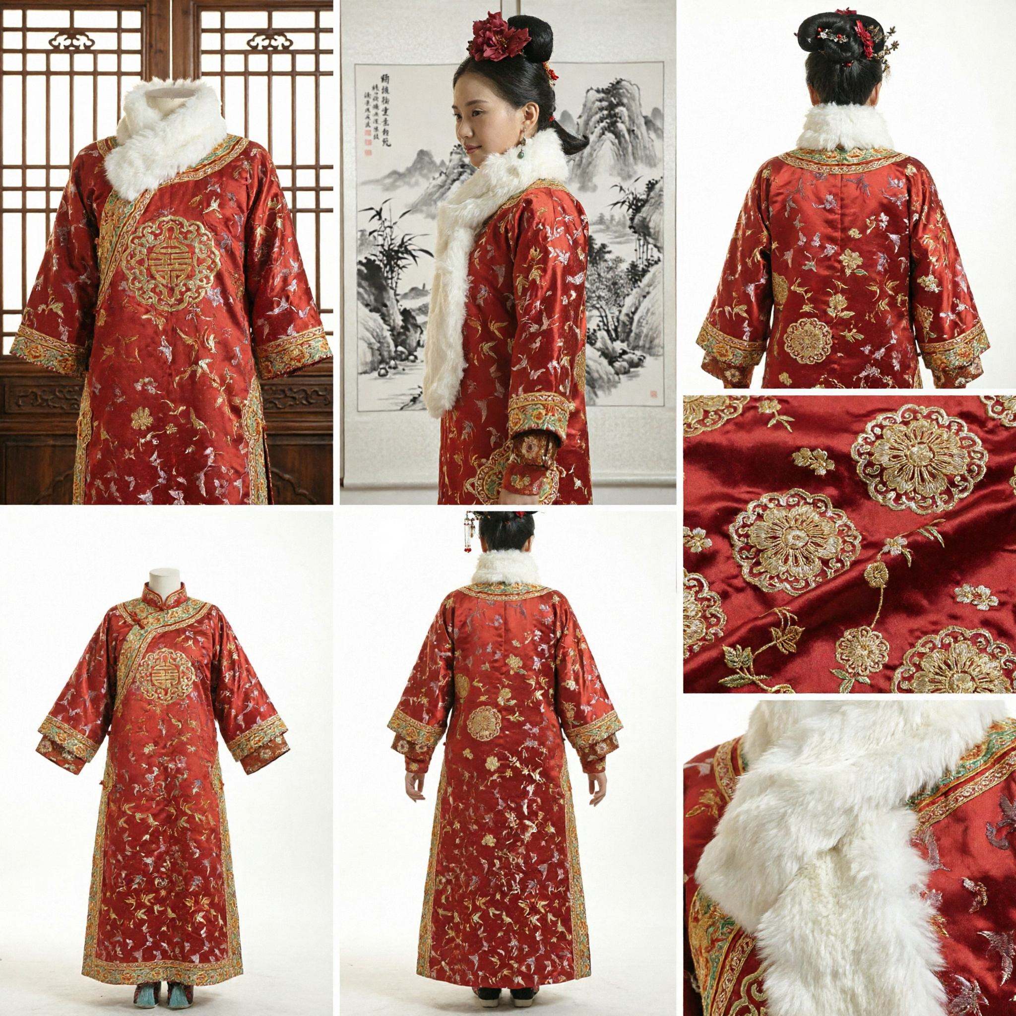 Elegant Red Ancient Chinese Noblewoman Robe with White Fur Trim Qing Dynasty Style Performance Costume for Women - Asian Costume