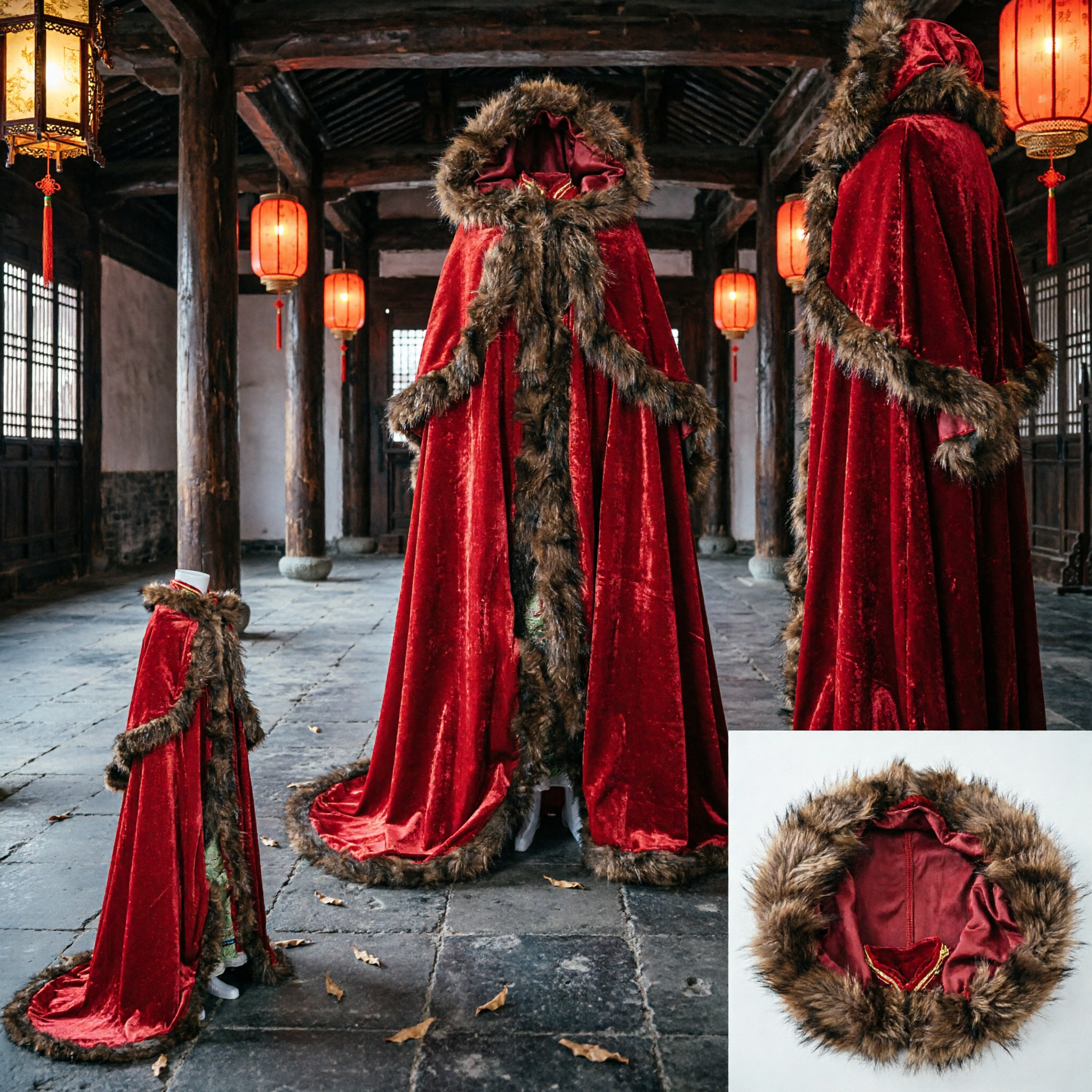 Luxurious Red Velvet Royal Cape with Brown Faux Fur Trim for Medieval King Halloween Cosplay - Asian Costume