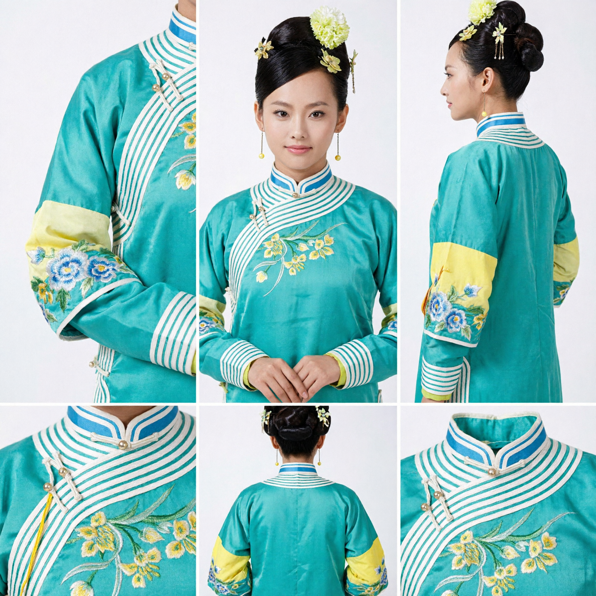Traditional Chinese Palace Maid Dance Costume Teal Embroidered Top with Yellow Scarf for Women Stage Performance - Asian Costume