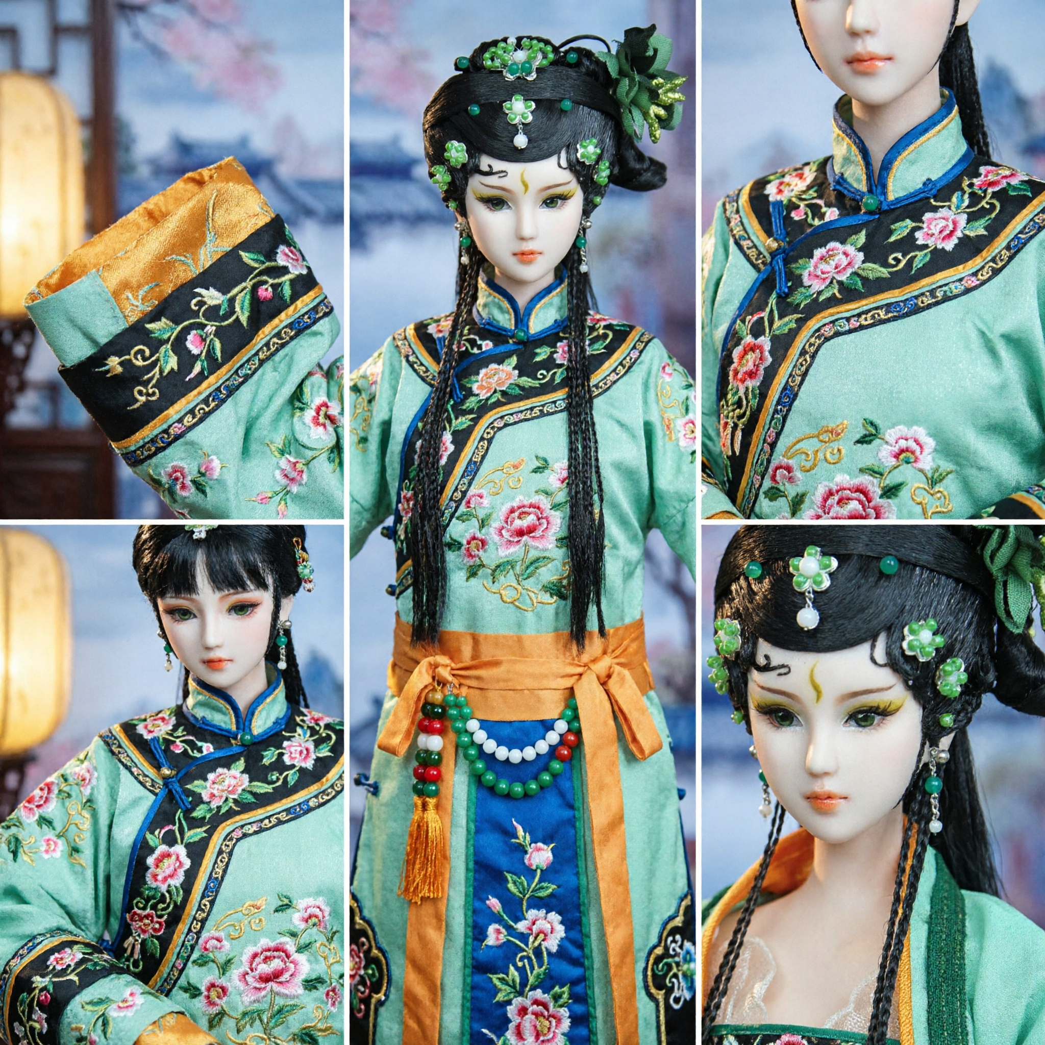 Exquisite Ancient Chinese Traditional Green Jade Hair Wig Set for Hanfu Dolls and Cosplay Enthusiasts - Asian Costume