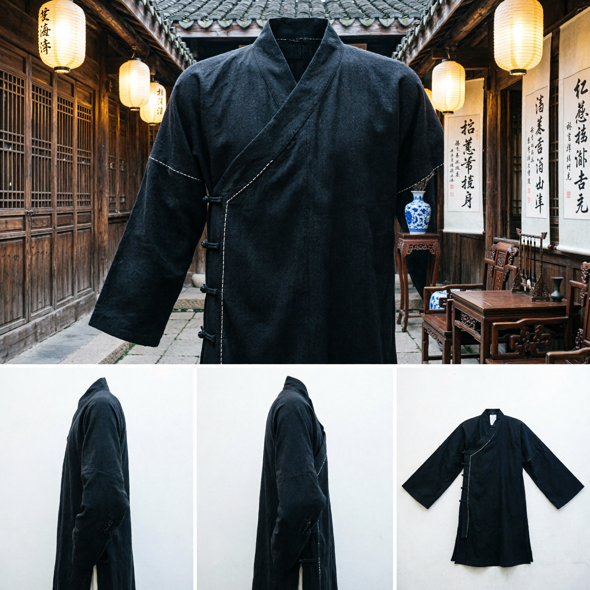 Traditional Chinese Kung Fu Uniform Black Cotton Changshan Tai Chi Martial Arts Suit for Men - Asian Costume