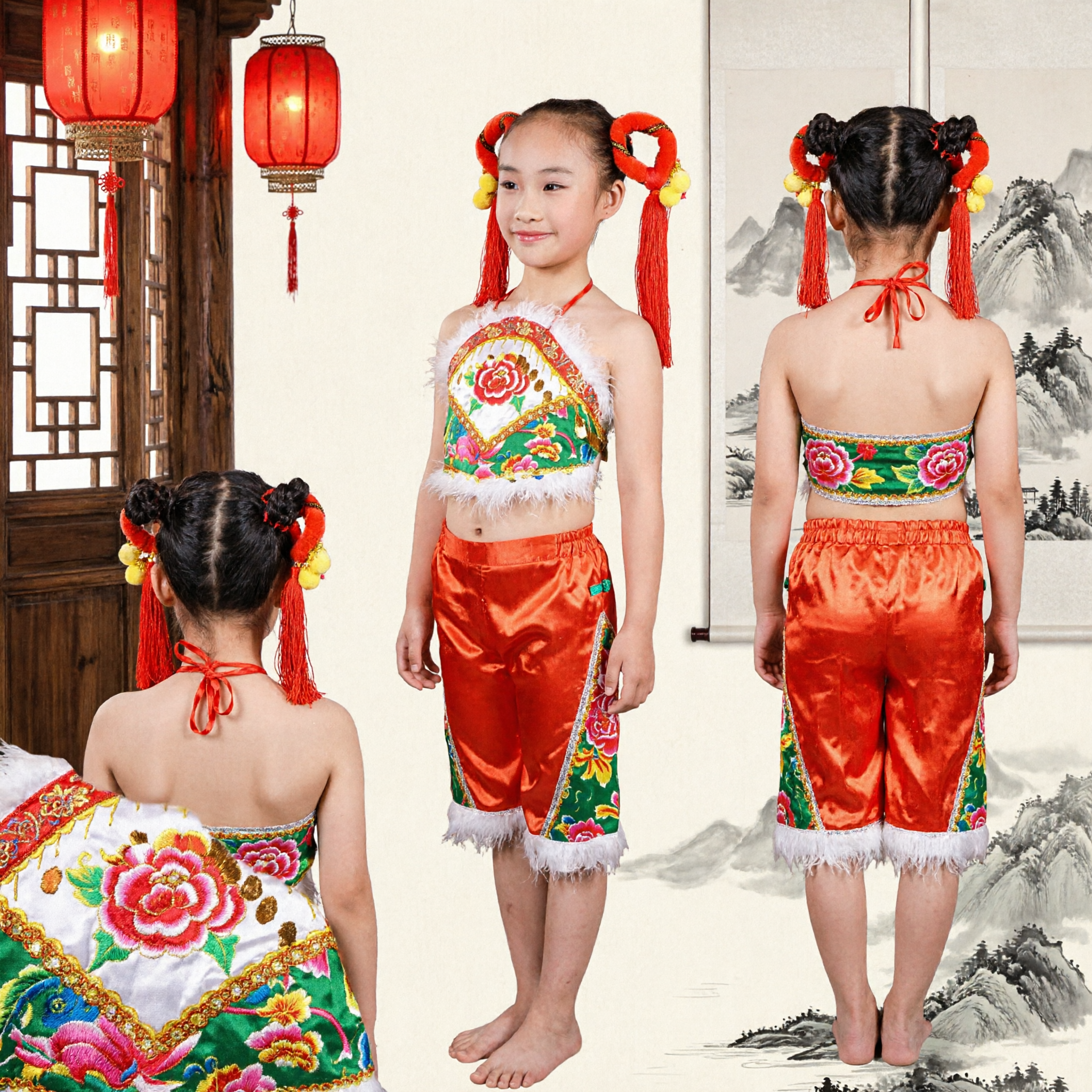 Girls Traditional Chinese Folk Dance Costume Red Floral Satin Dress Stage Performance Outfit for Kids - Asian Costume