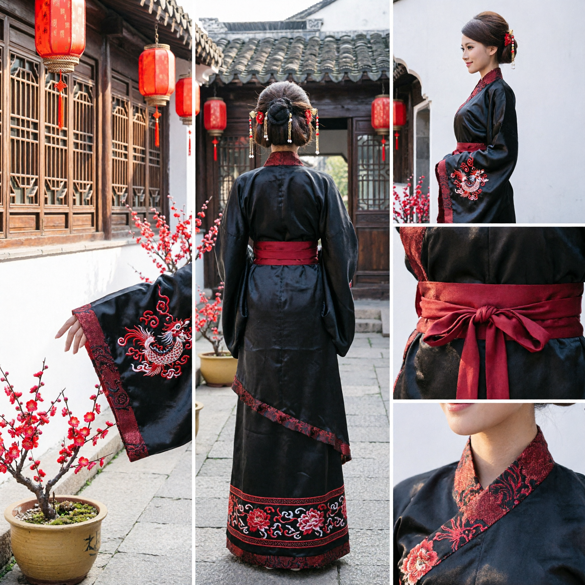 Women's Chinese Traditional Hanfu Black and Red Ancient Costume Wide Sleeve Historical Dress for Performance - Asian Costume