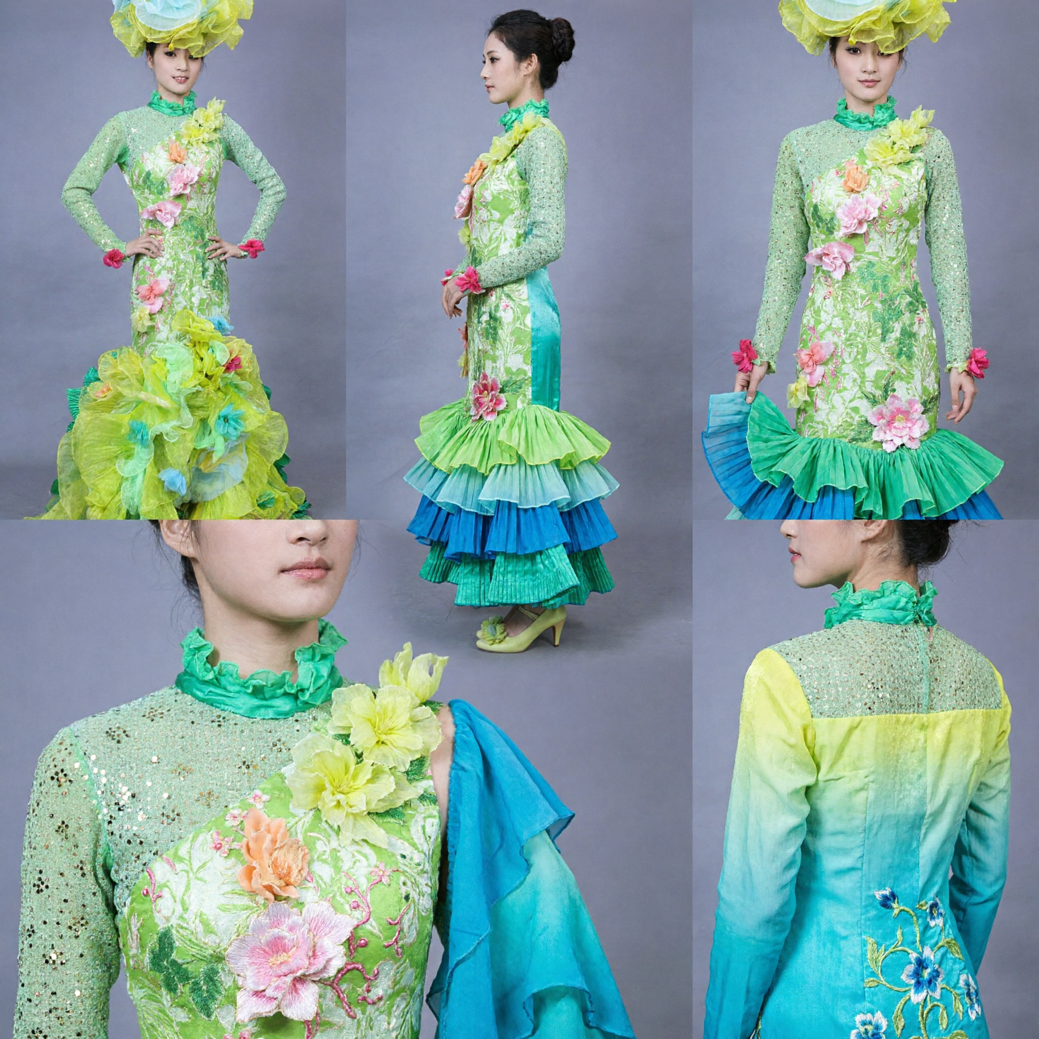 Elegant Green Floral Sequin Mermaid Gown Chinese Folk Dance Stage Performance Costume for Women - Asian Costume