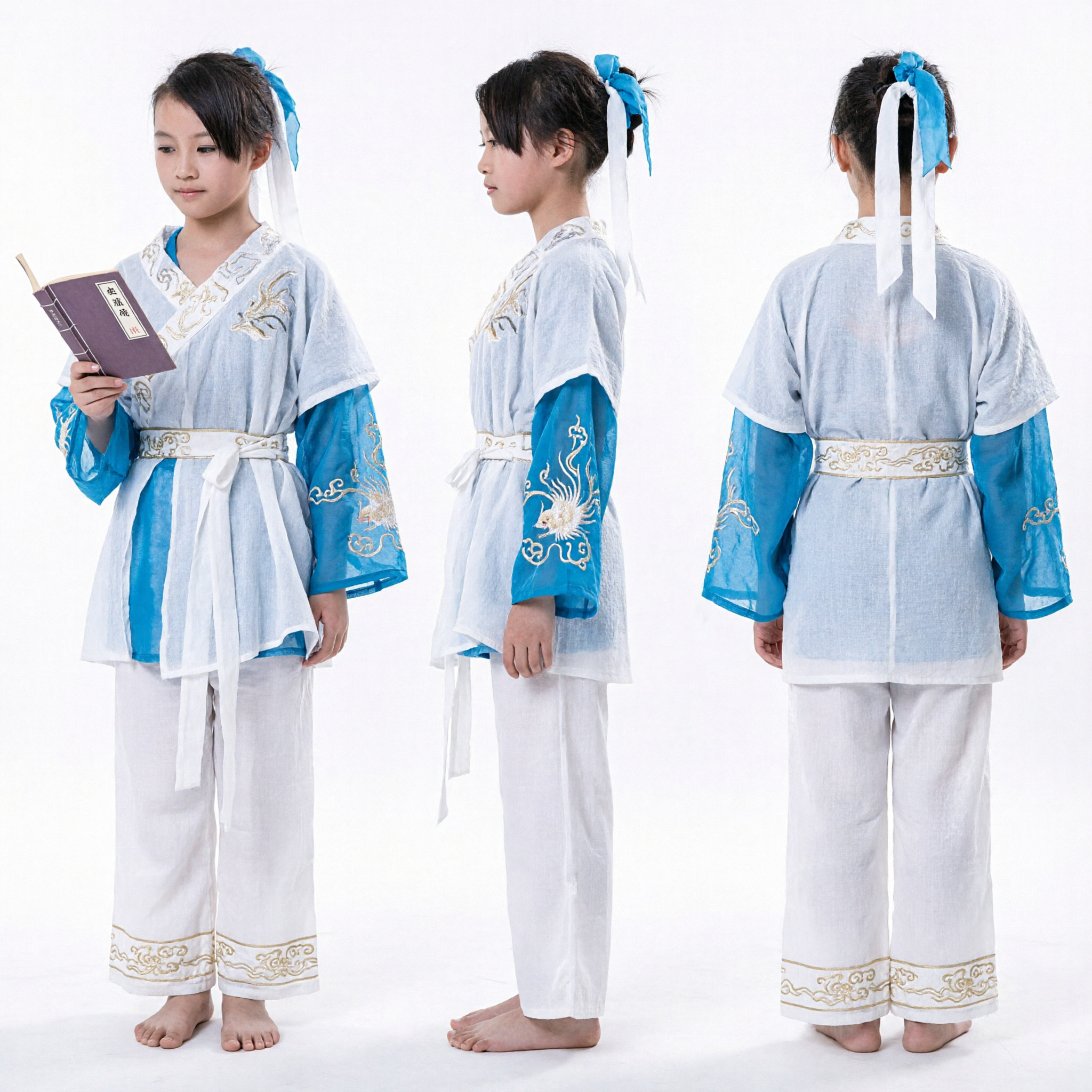 Children Ancient Chinese Scholar Hanfu Costume White and Blue Traditional Robe for Stage Performance and Cosplay - Asian Costume